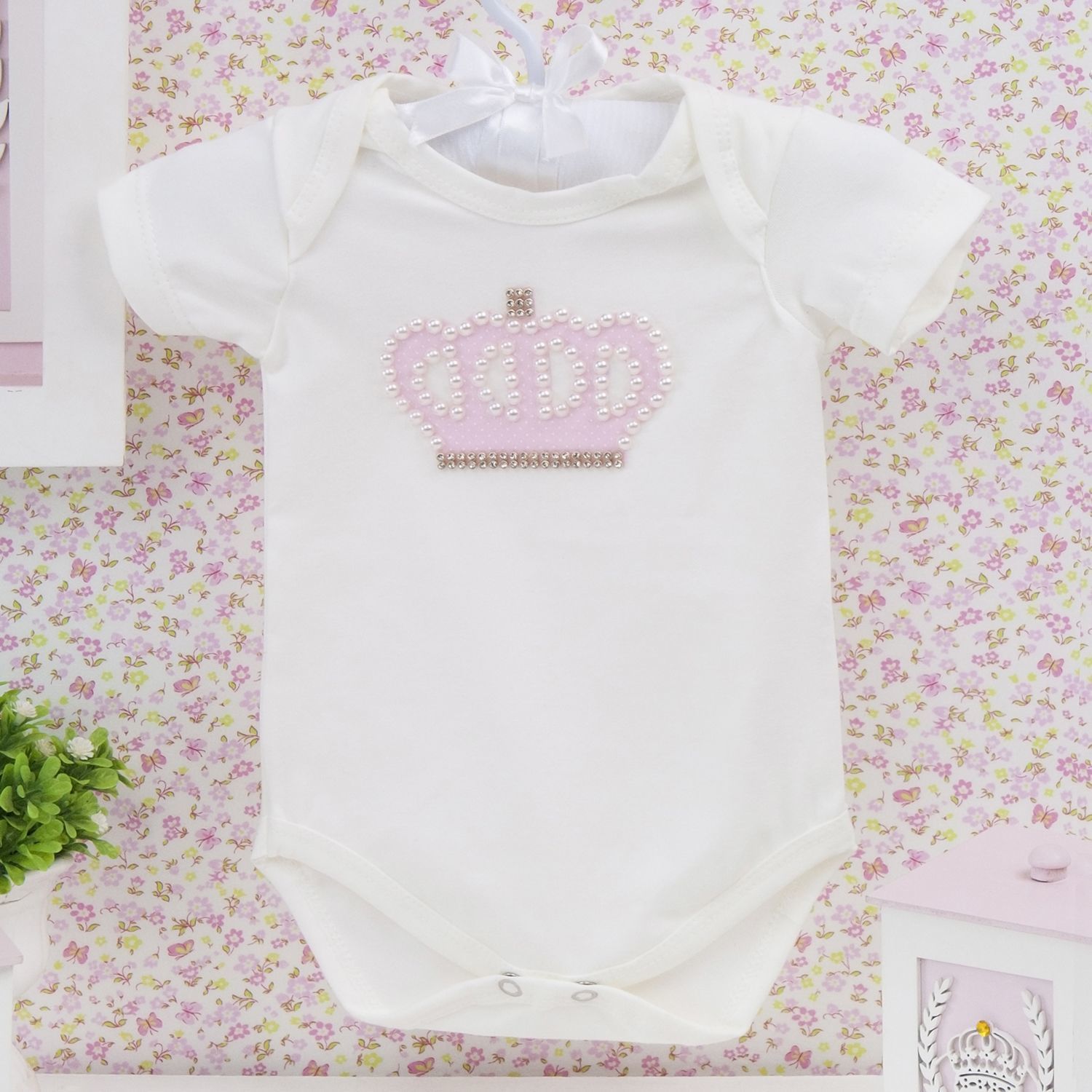 Body Manga Curta Coroa Poá Com Pérolas Pink Tam G