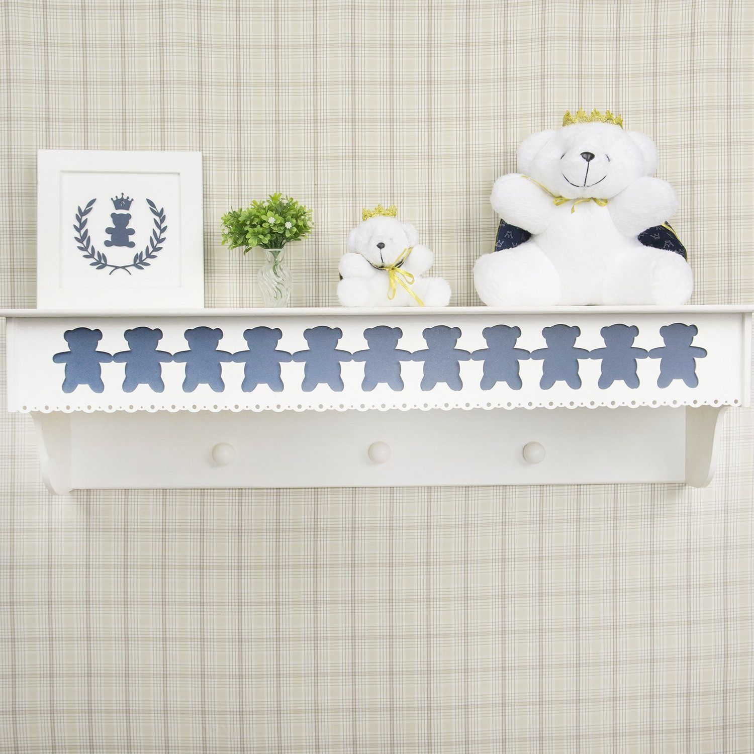 Prateleira com Cabideiro Ursinho Theodore Branco e Marinho