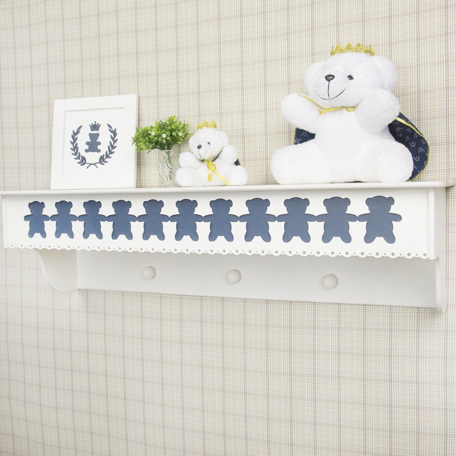 Prateleira com Cabideiro Ursinho Theodore Branco e Marinho