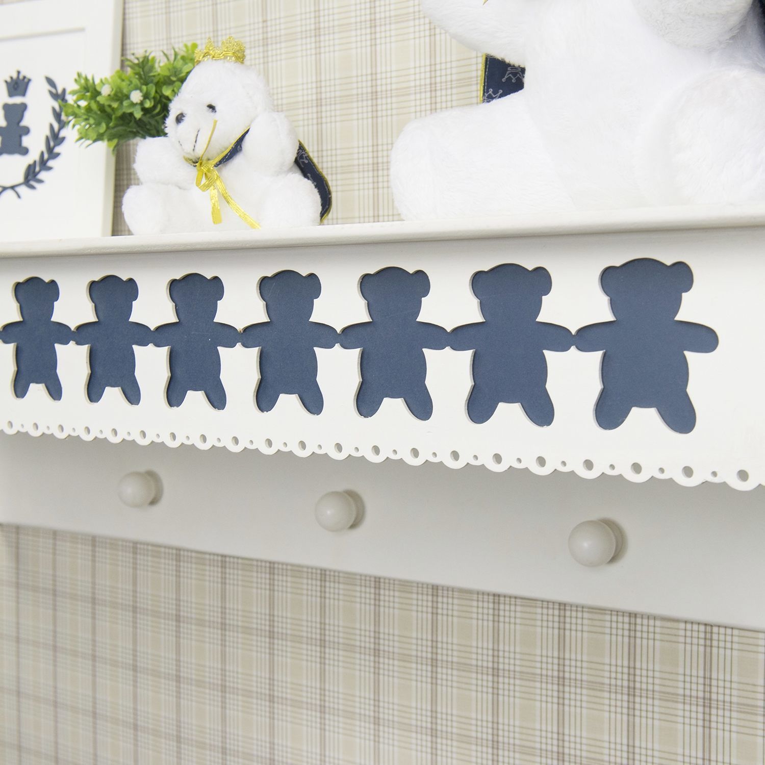 Prateleira com Cabideiro Ursinho Theodore Branco e Marinho