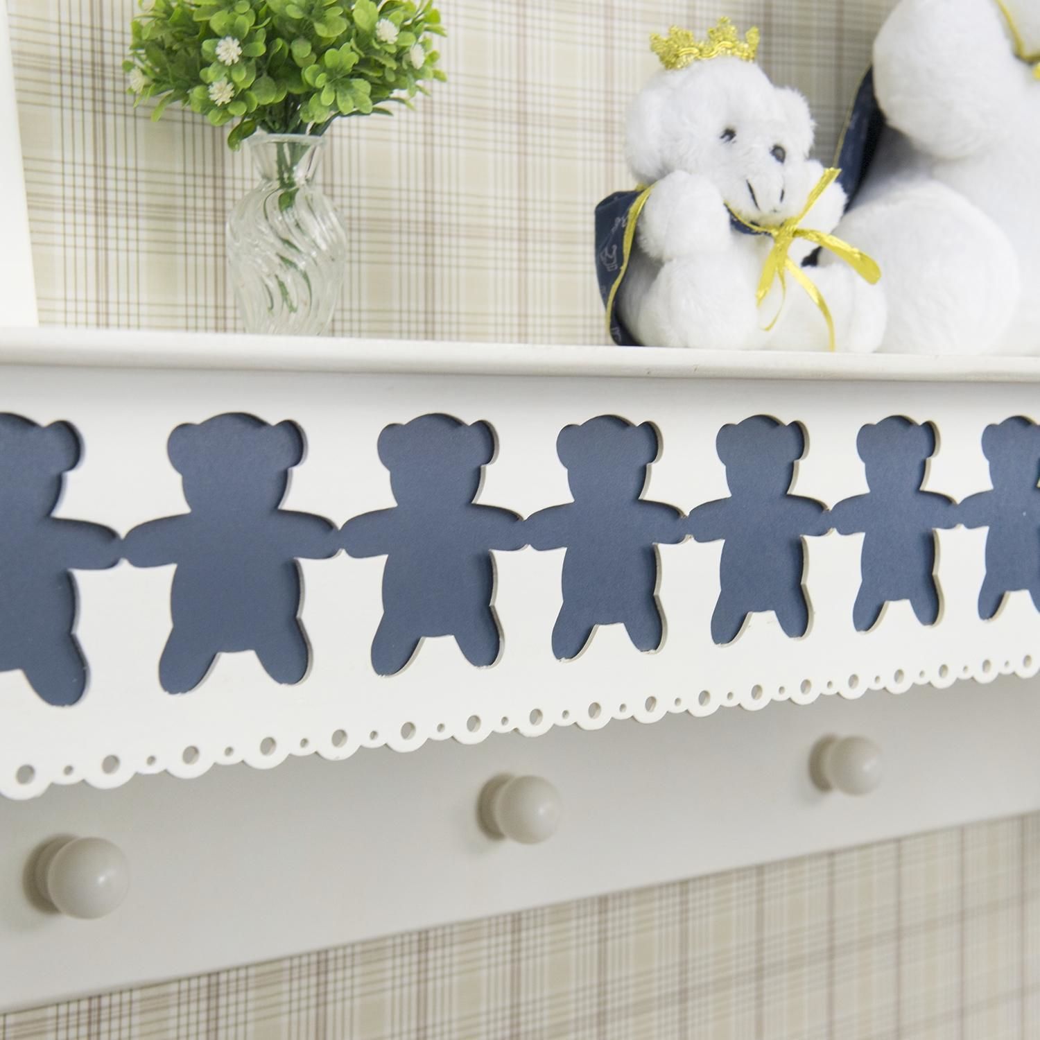 Prateleira com Cabideiro Ursinho Theodore Branco e Marinho