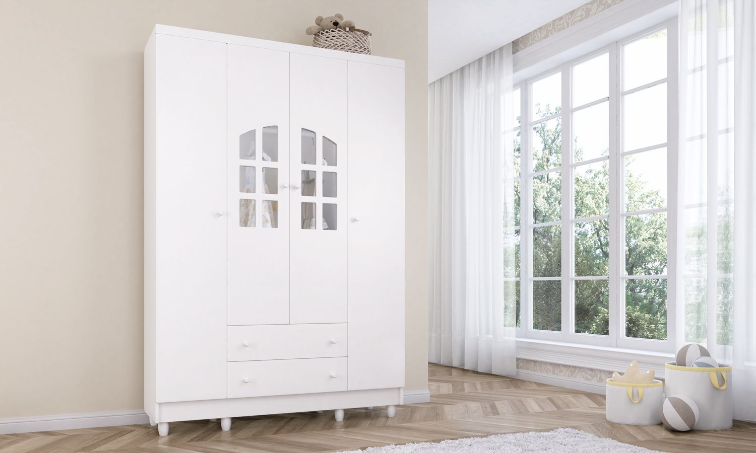 Guarda Roupa Infantil Branco 4 Portas Luxo