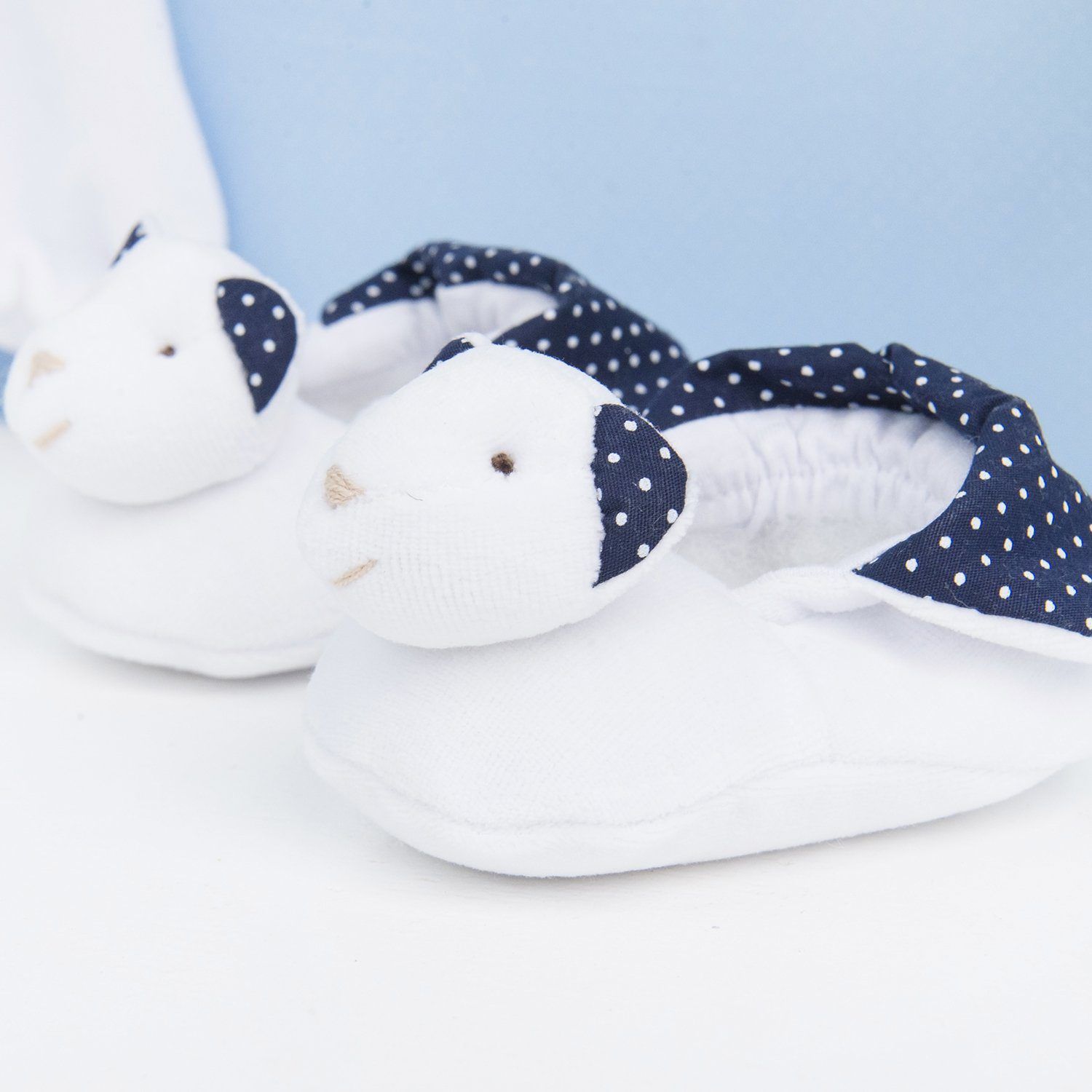 Conjunto Naninha De Bebê e Pantufa Poá Marinho