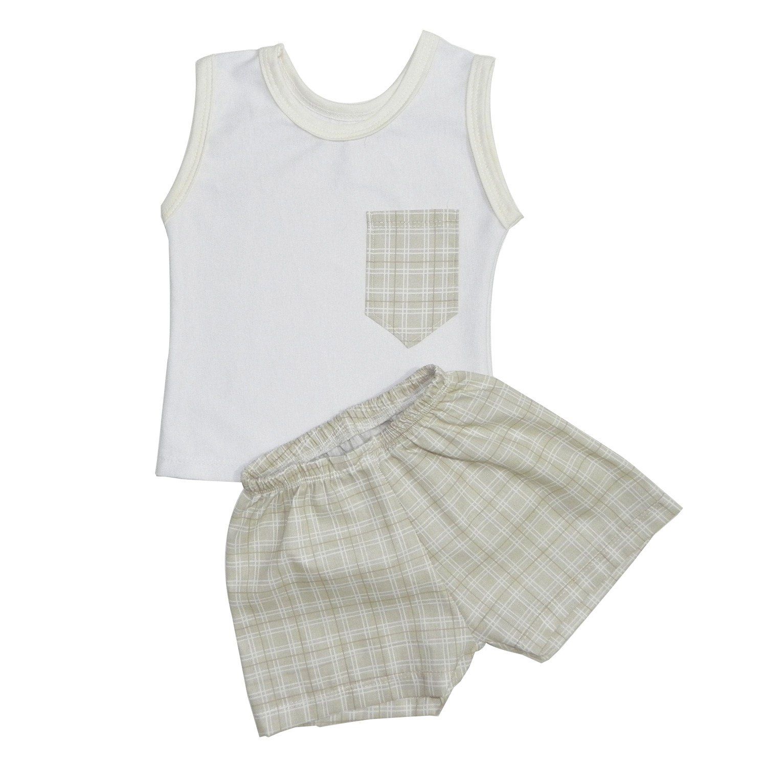 Conjunto Regata Branco e Short Xadrez Verde 6 a 9 Meses