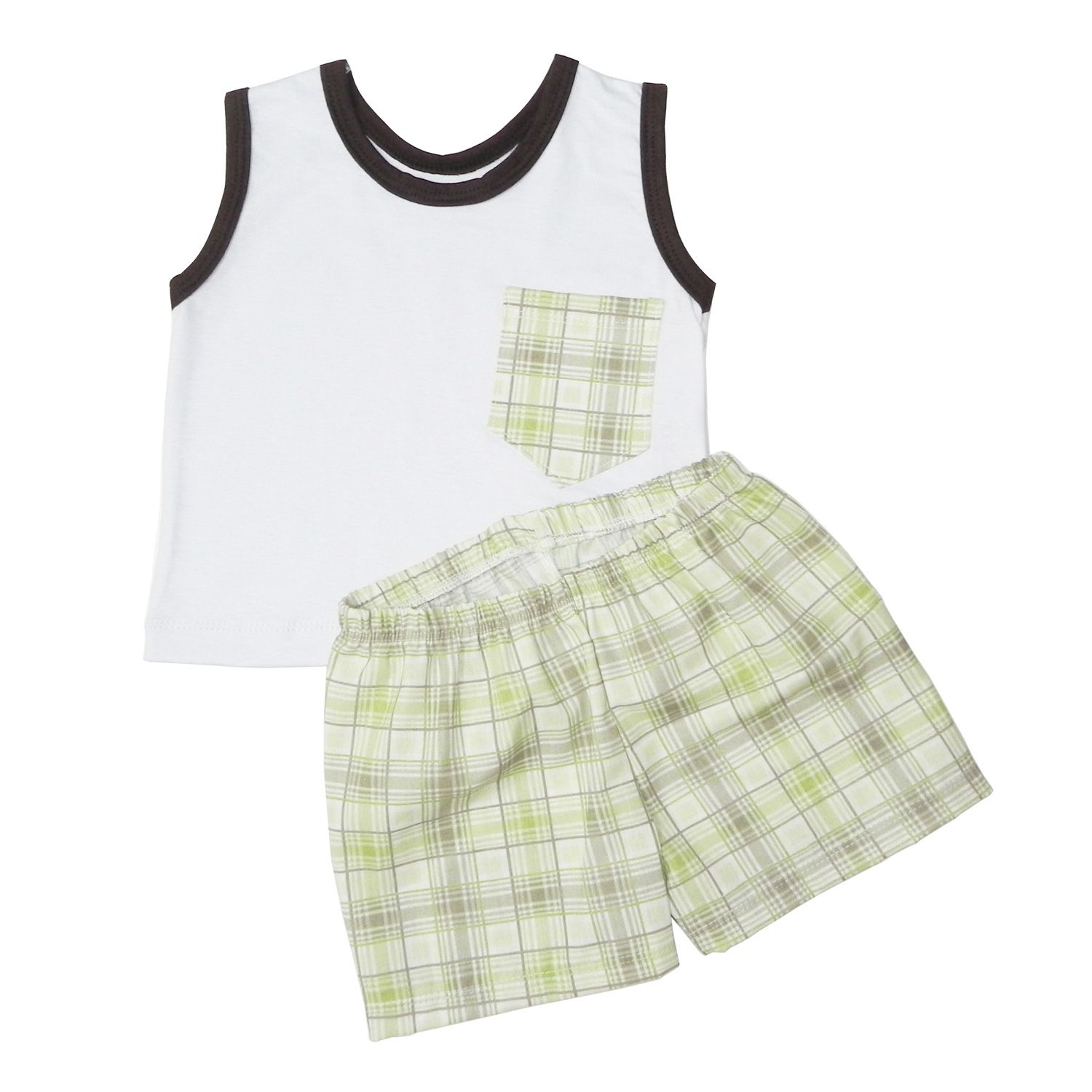 Conjunto Regata Branco e Short Xadrez Verde 6 a 9 Meses