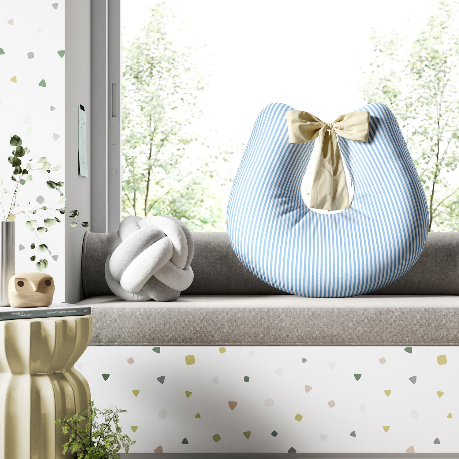 Almofada Amamentação Listra Azul e Laço Bege