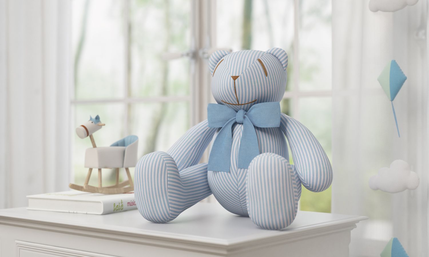 Urso Azul Listrado com Laço 34cm