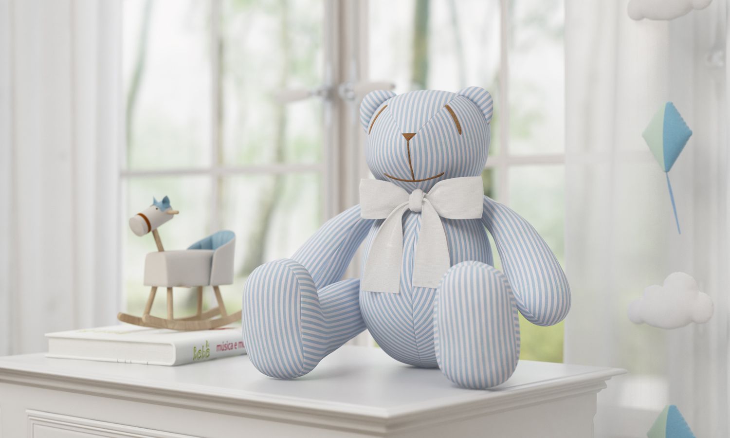 Urso Azul Listrado com Laço Branco 34cm
