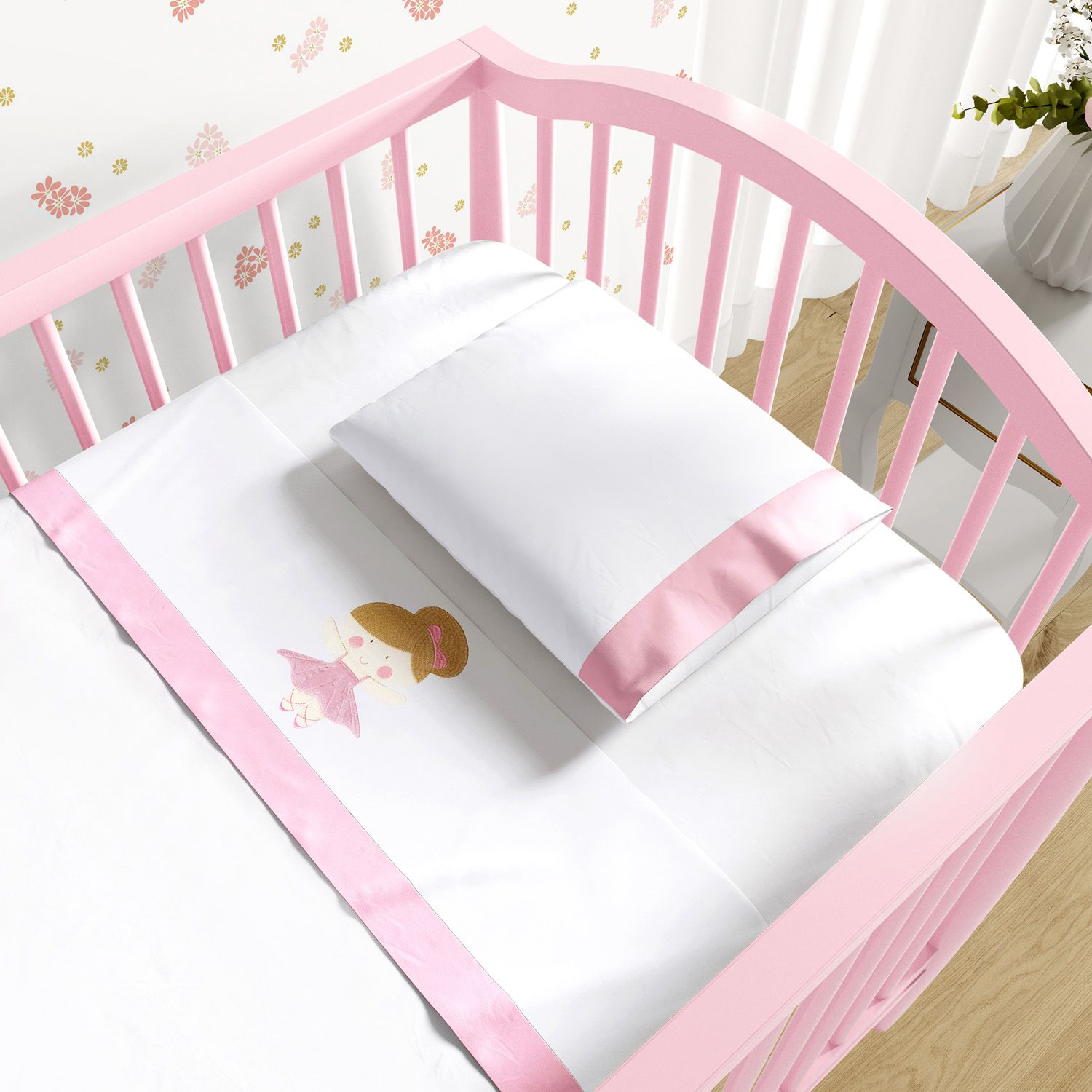 Jogo de Lençol Berço Bordado Pequena Bailarina 3 peças