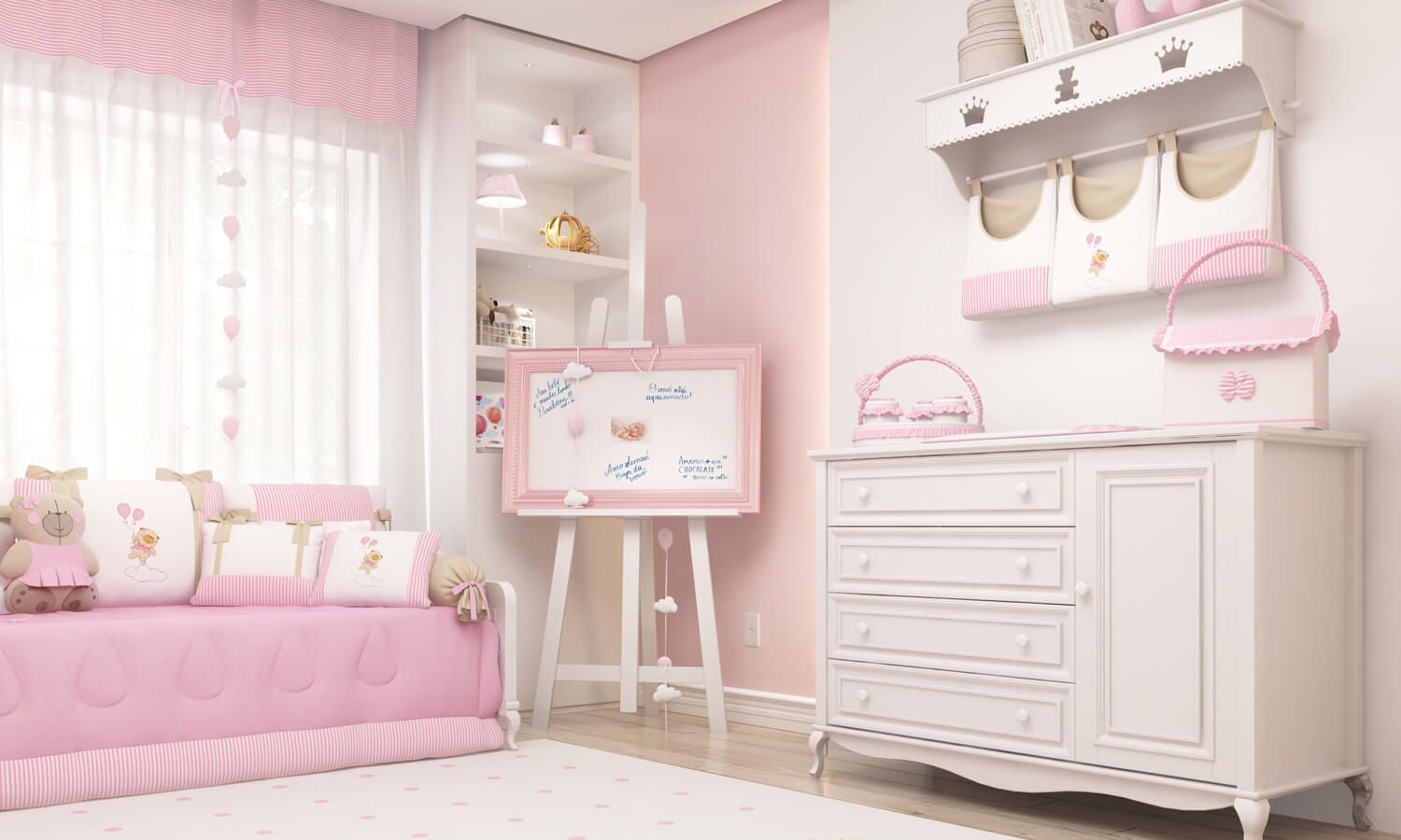 Varal de Berço Nuvem e Balão Rosa 1,30m