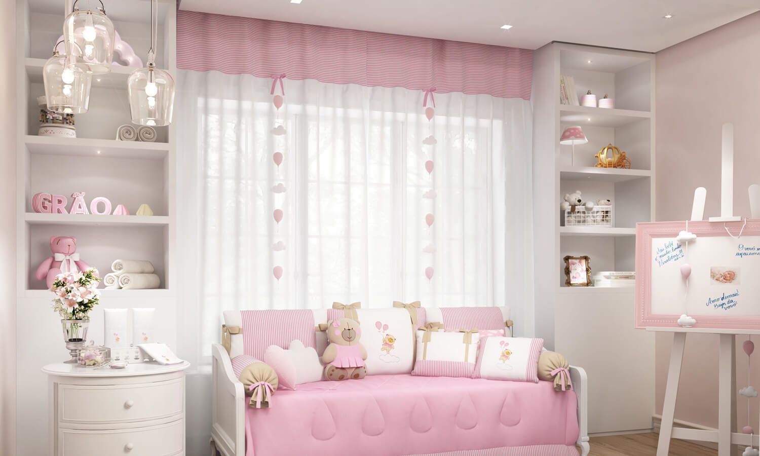 Pêndulos Cortina Nuvem e Balão Rosa