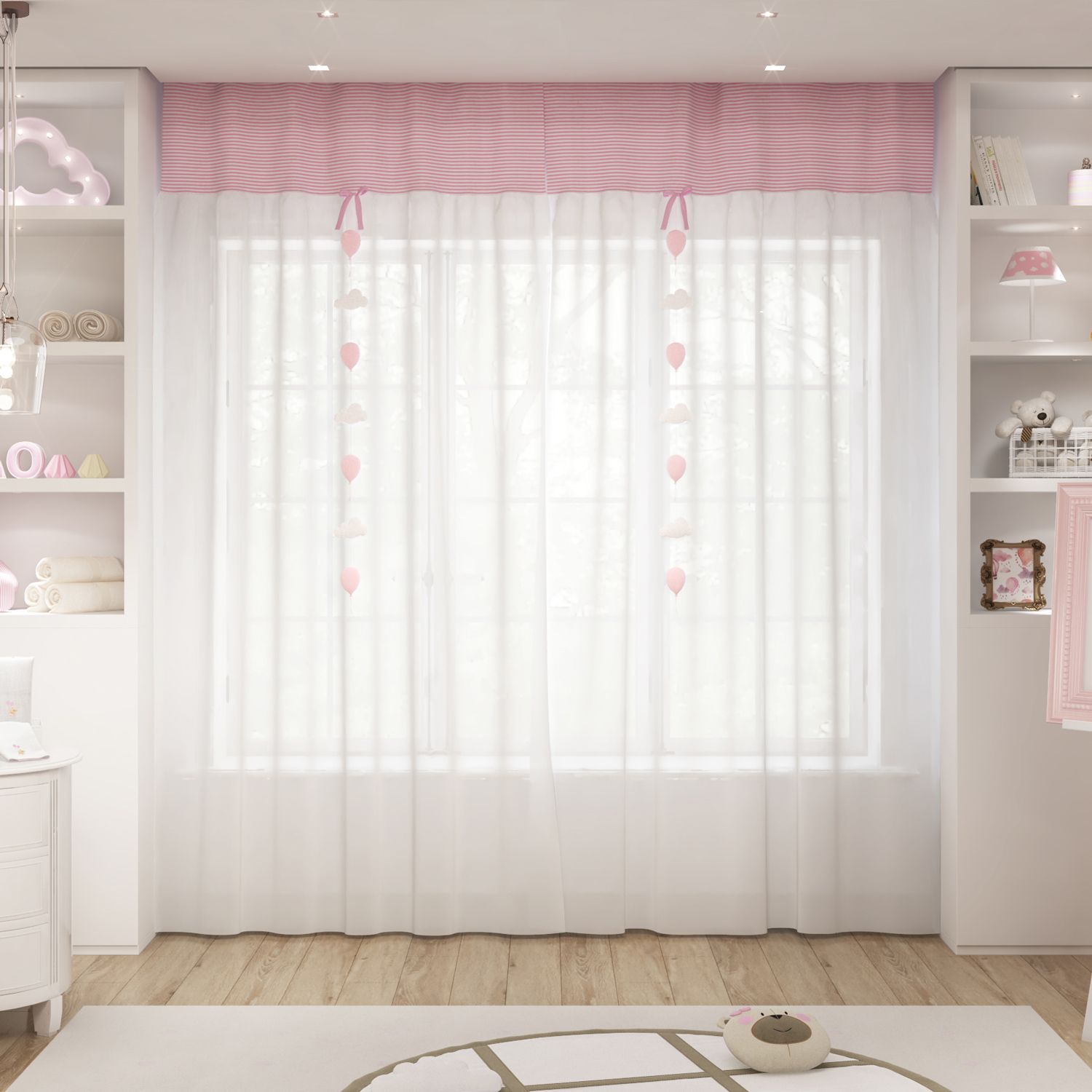 Cortina Voil Branco e Listras Rosa