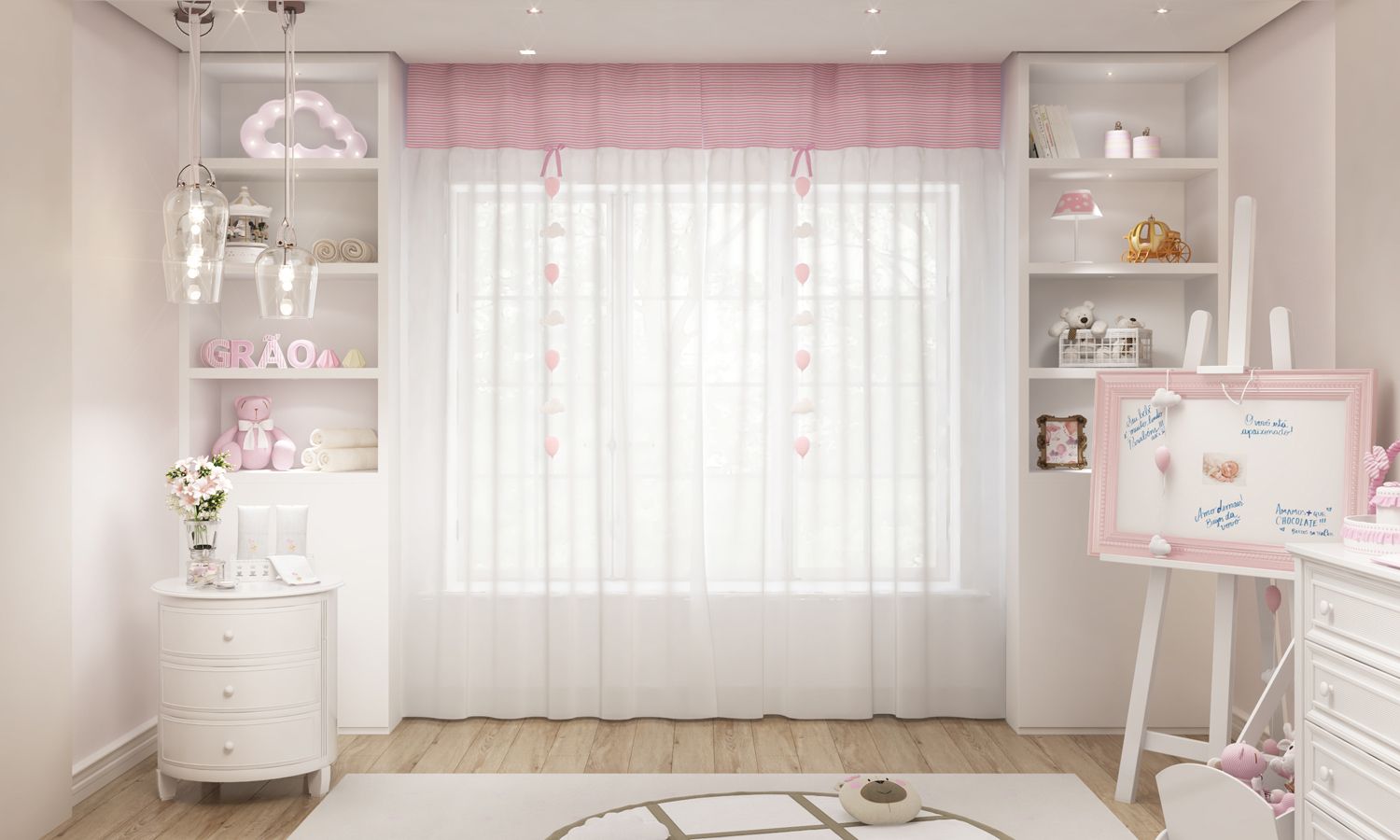 Cortina Voil Branco e Listras Rosa