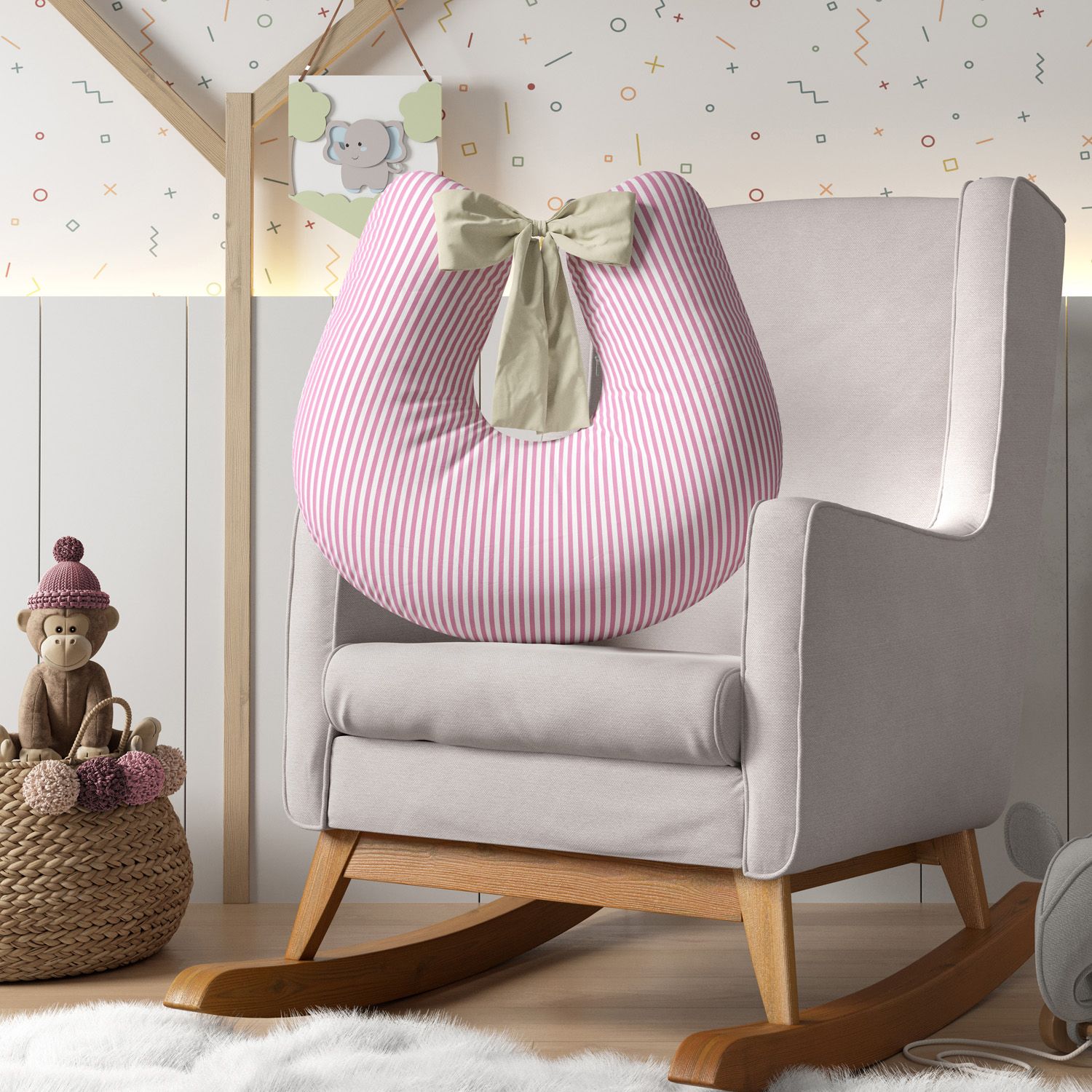 Almofada Amamentação Listra Azul e Laço Bege