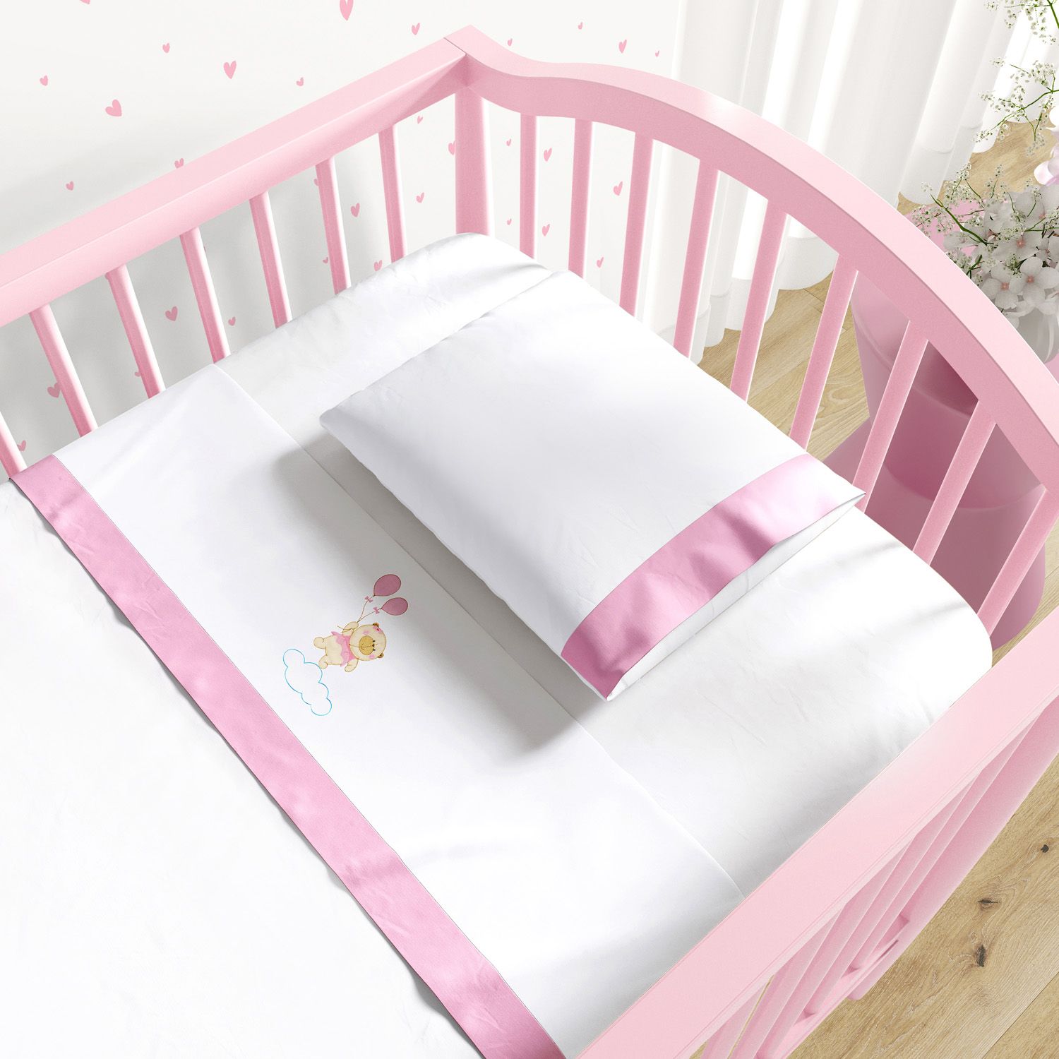 Jogo de Lençol Berço Bordado Ursinha Nina 3 peças