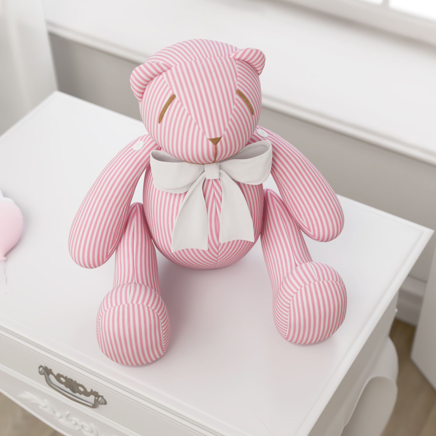 Ursinha Rosa Listrada com Laço Branco 34cm