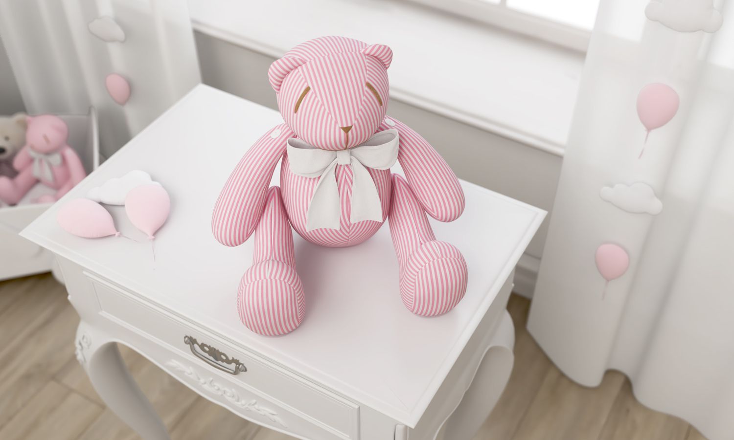 Ursinha Rosa Listrada com Laço Branco 34cm