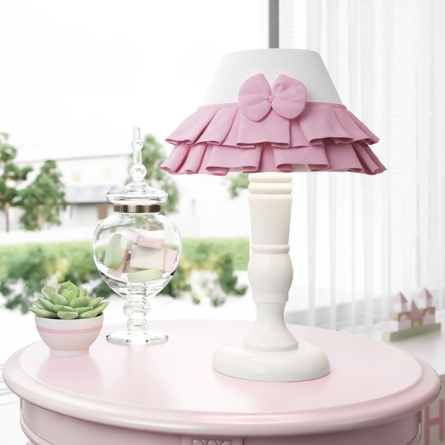 Abajur Madeira Babado e Laço Rosa