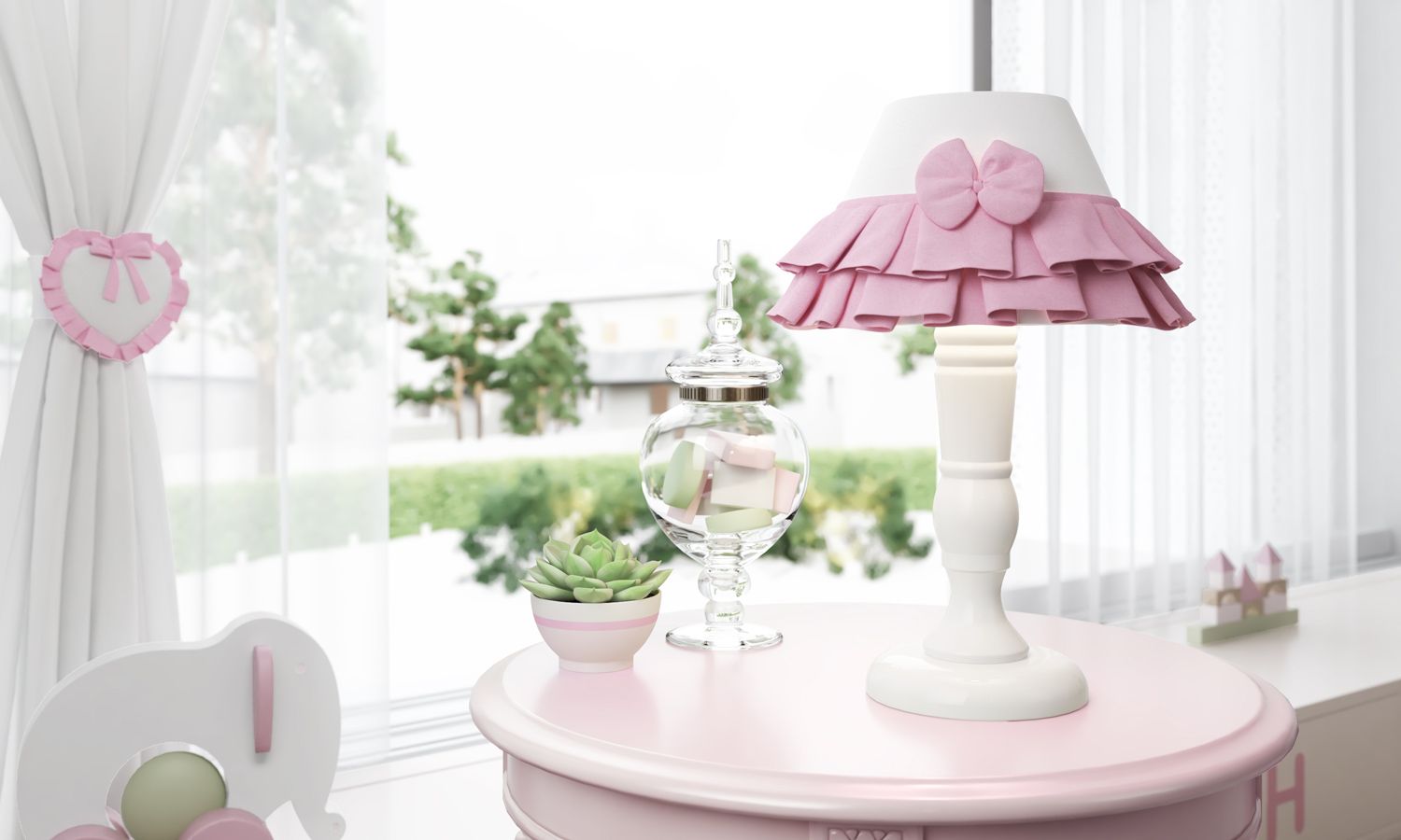 Abajur Madeira Babado e Laço Rosa