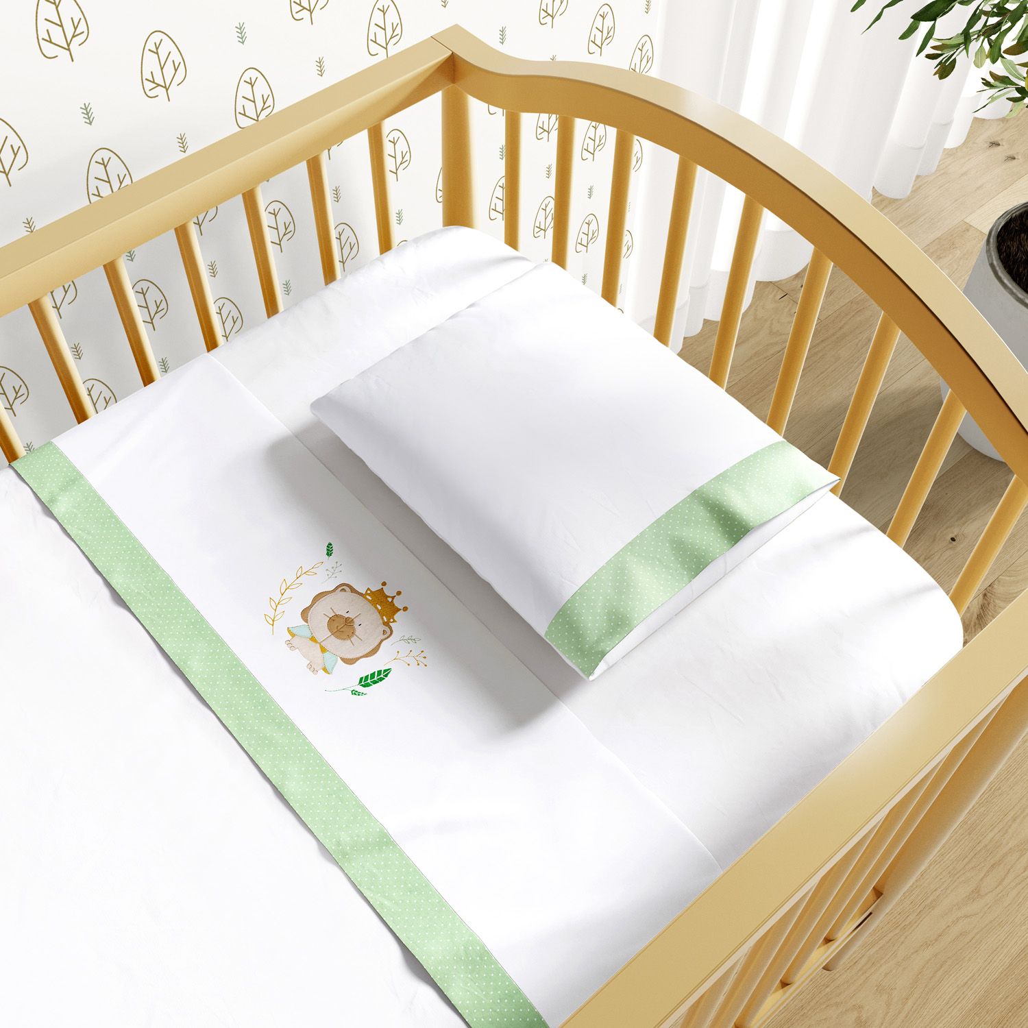 Jogo de Lençol Berço Bordado Leão Verde 3 peças