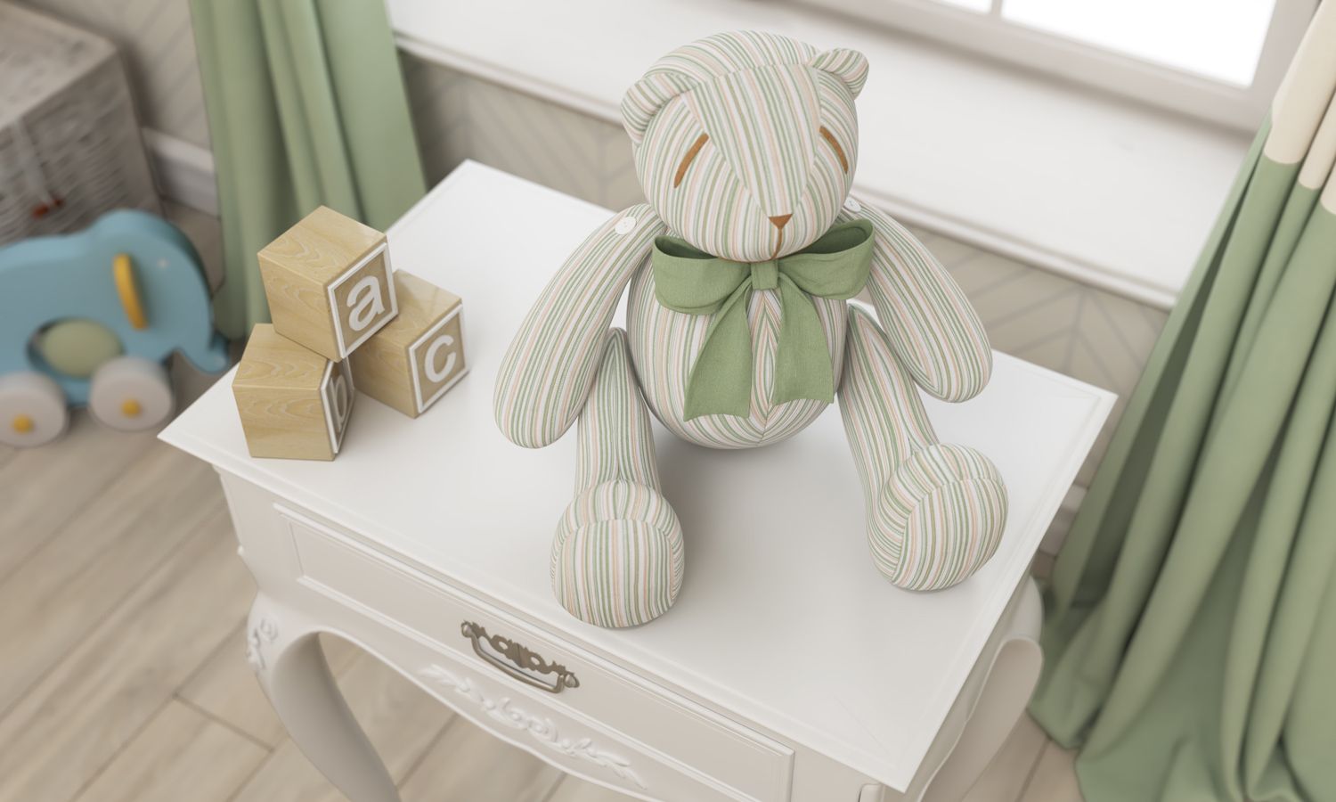 Urso Verde Listrado com Laço Verde 34cm