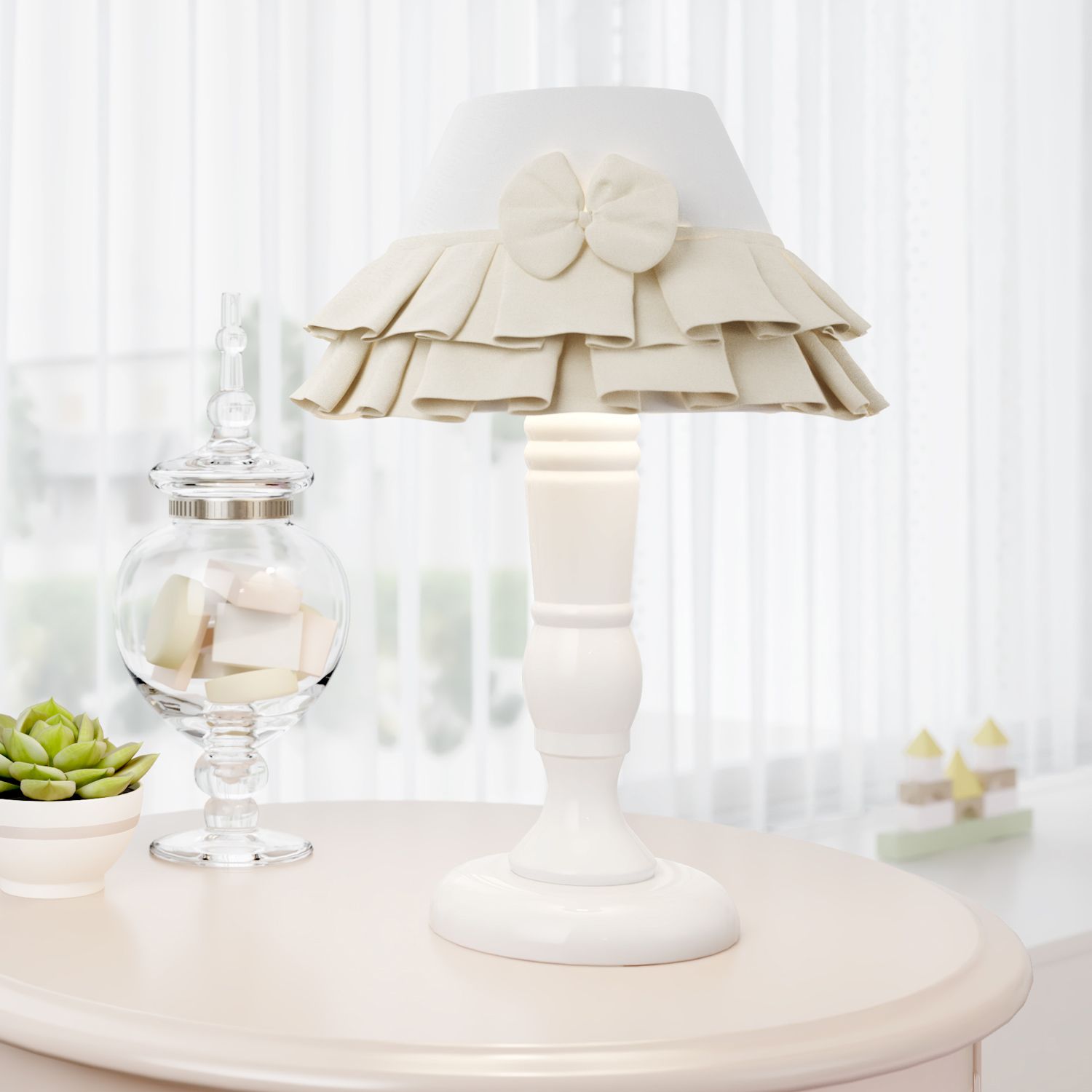 Abajur Madeira Babado e Laço Rosa