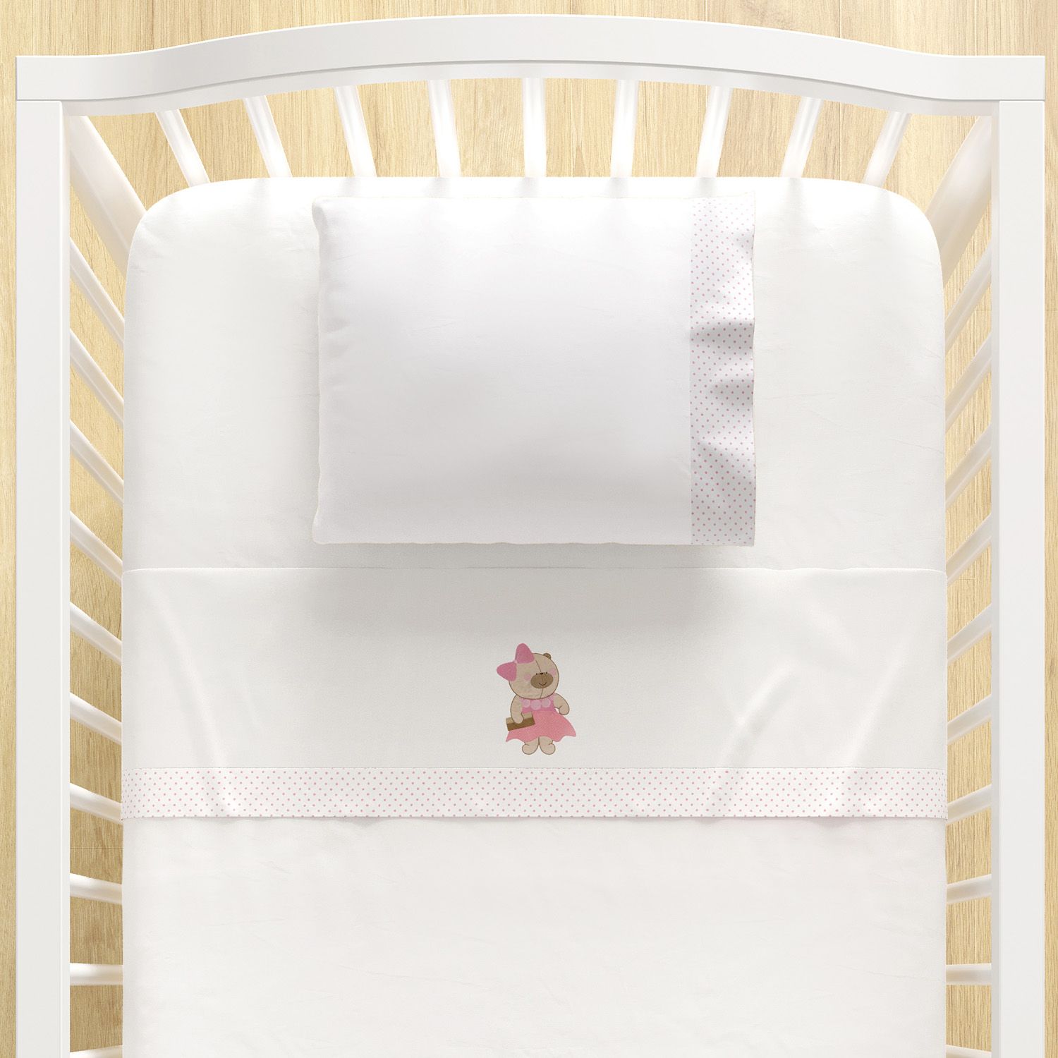 Jogo de Lençol Berço Bordado Ursinha Nina Luxuosa 3 peças