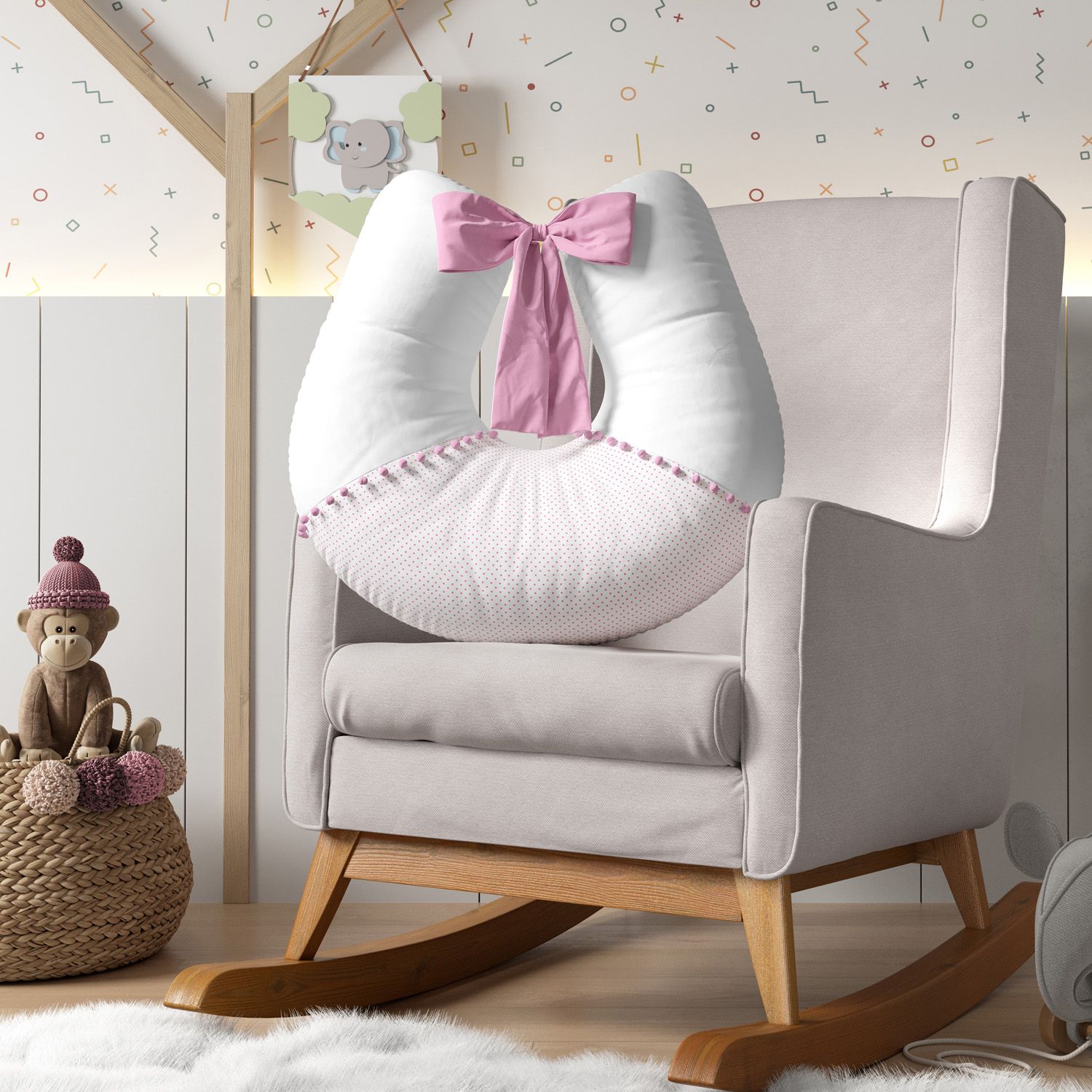 Almofada Amamentação Pompom e Poá Rosa
