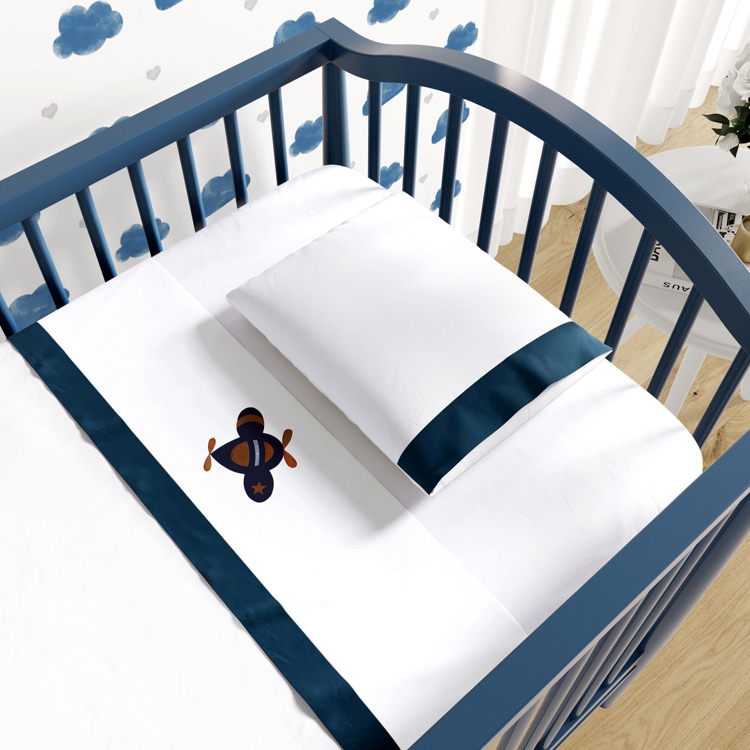 Jogo de Lençol Berço Bordado Urso Aviador 3 peças