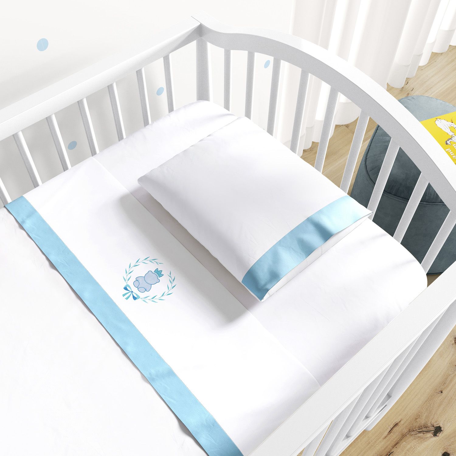 Jogo de Lençol Berço Bordado Ursinho Clássico Azul Marinho 3 peças