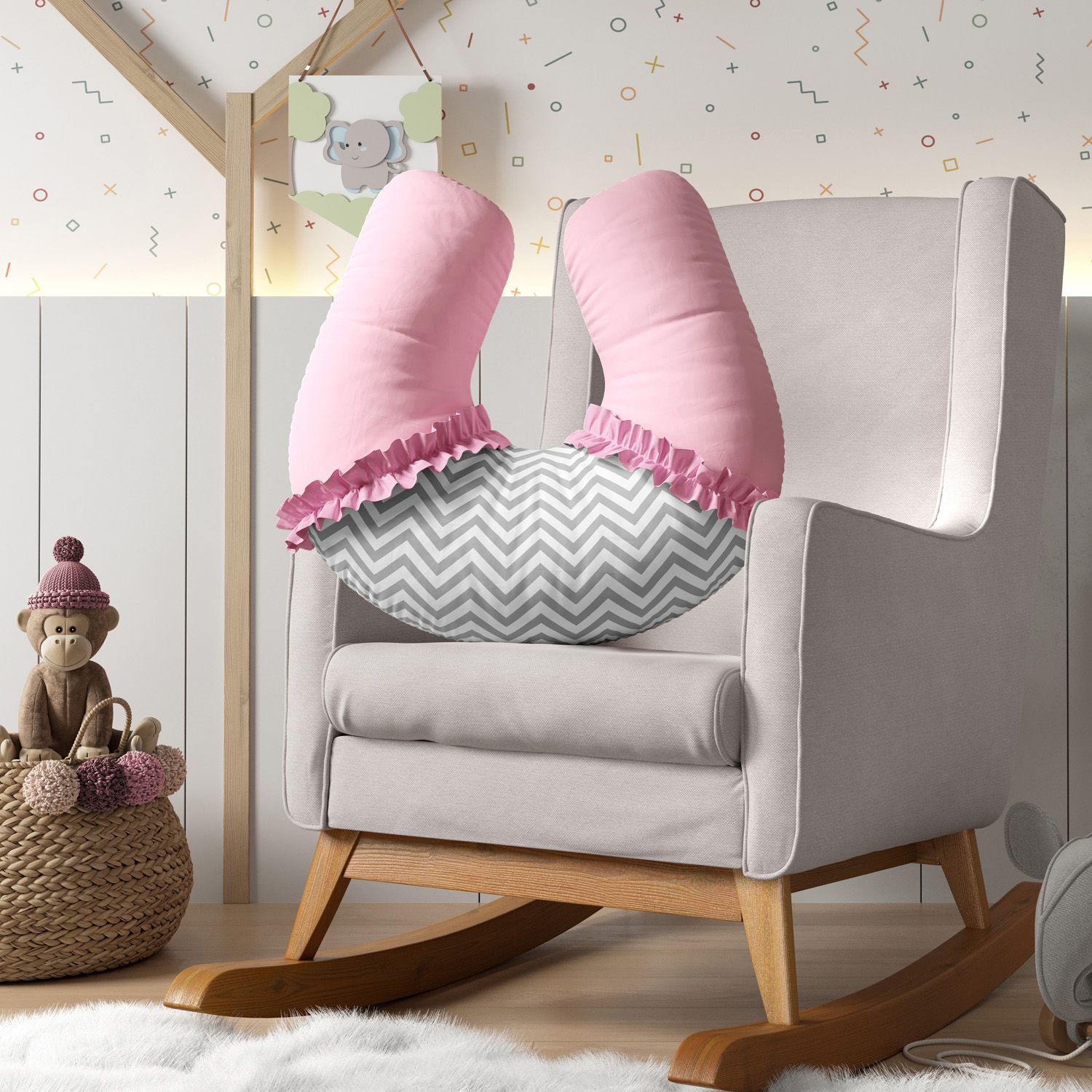 Almofada Amamentação Chevron Rosa e Cinza