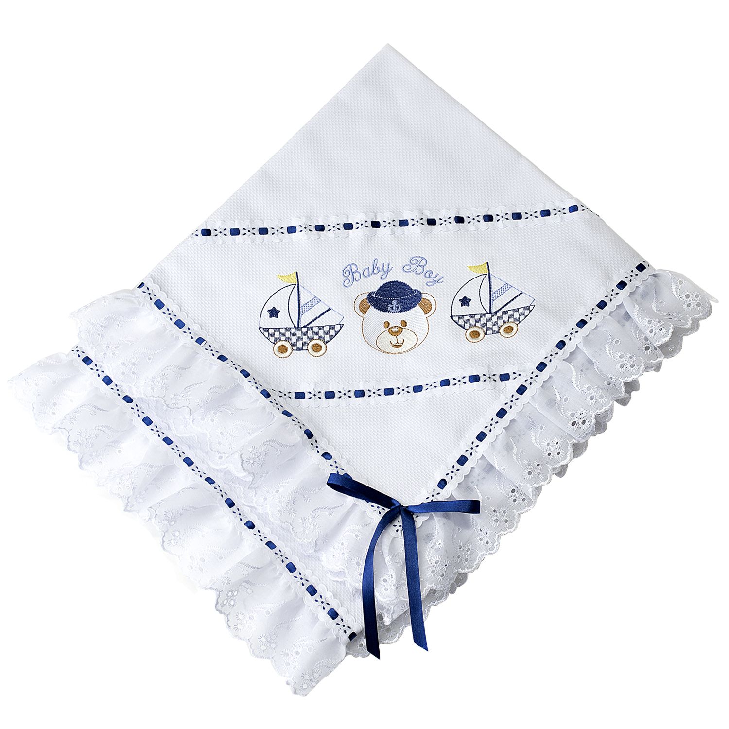 Manta Piquet Ursinho Marinheiro Baby Boy Azul 75cm
