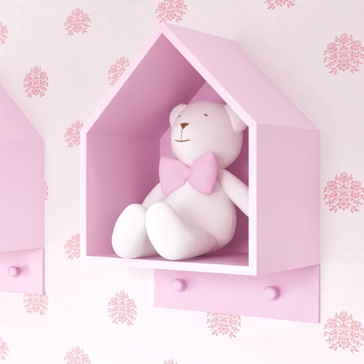 Nicho de Madeira Casinha com Cabideiro Rosa 40cm