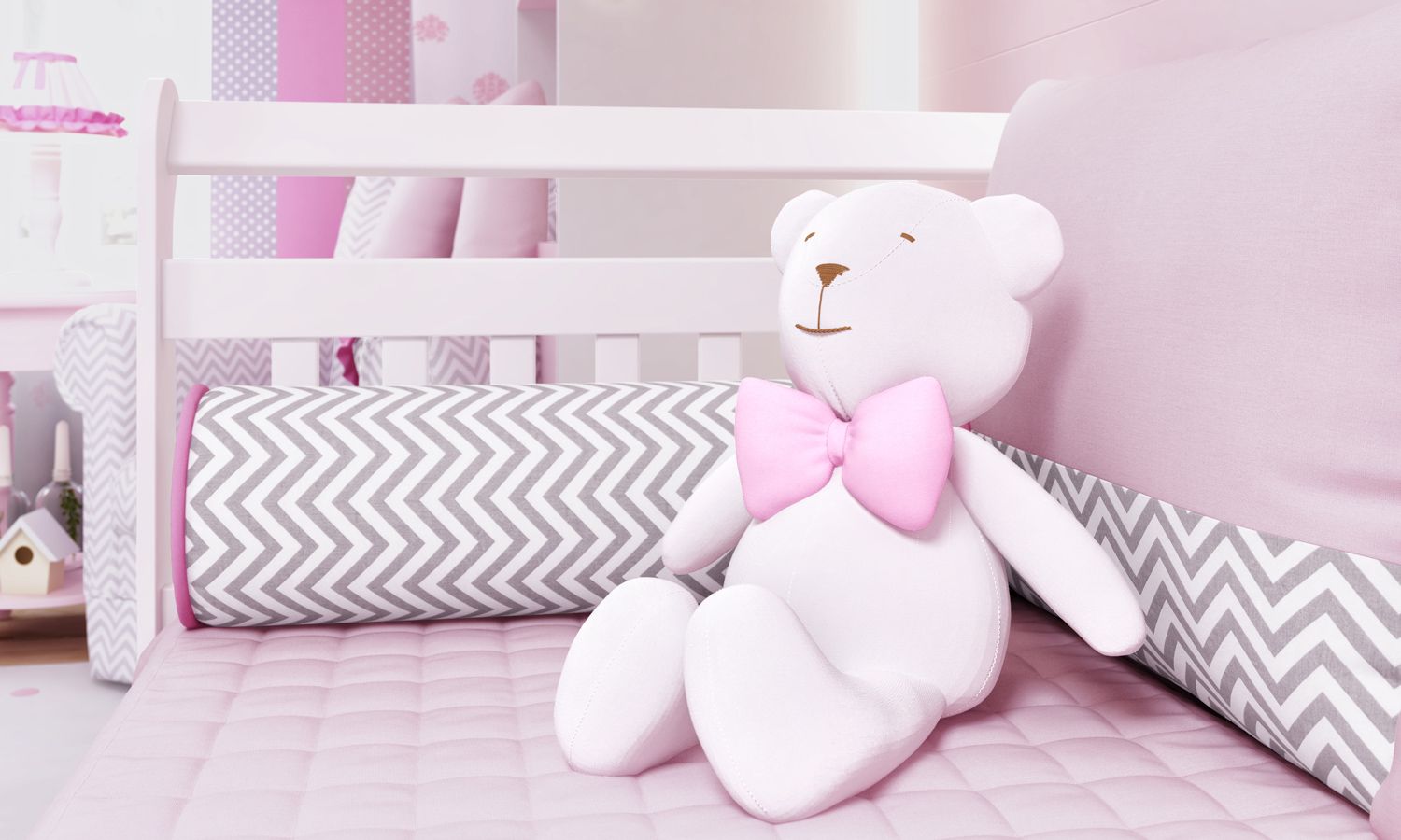 Ursinha Branca com Laço Rosa 42 cm