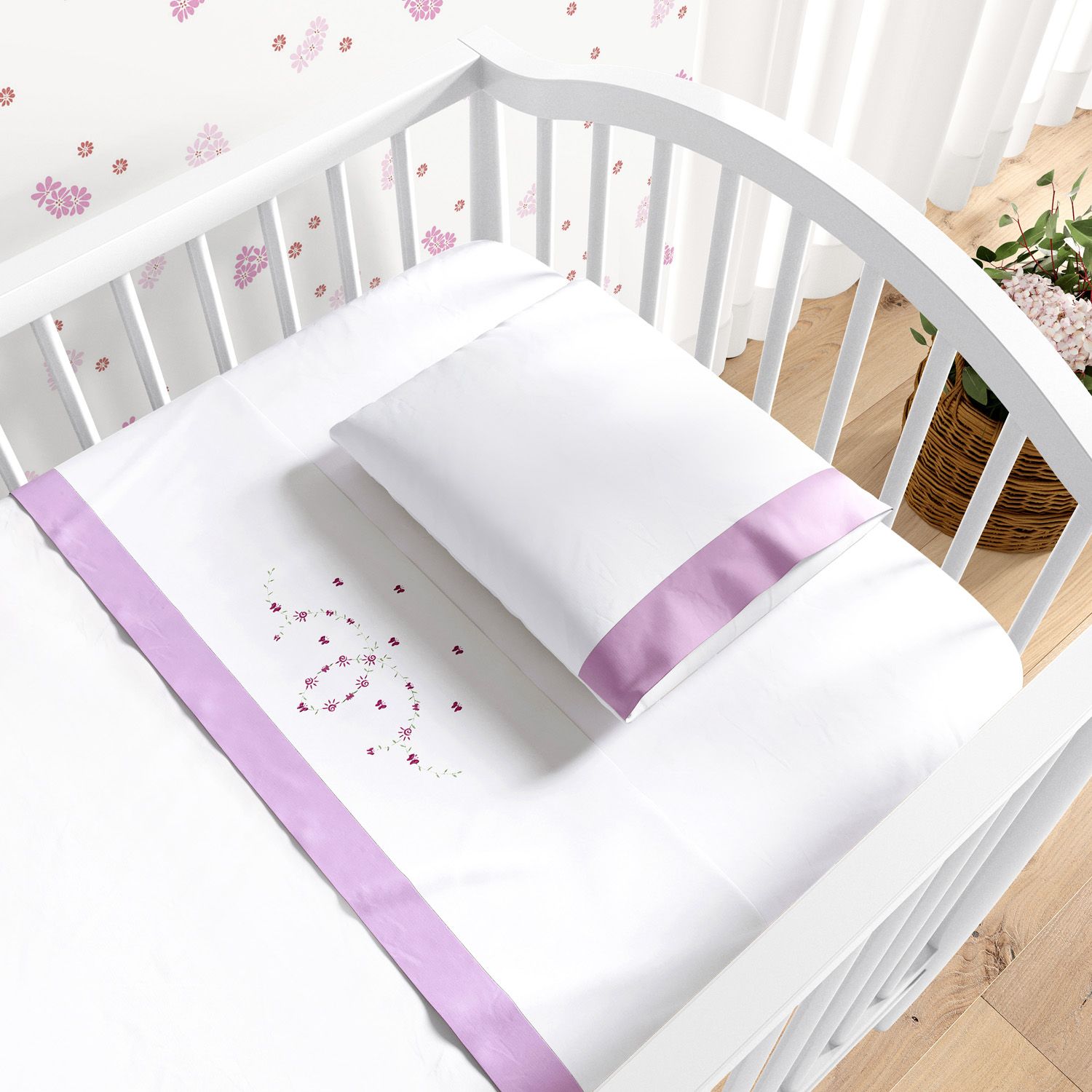 Jogo de Lençol Berço Bordado Alice Rosa 3 peças