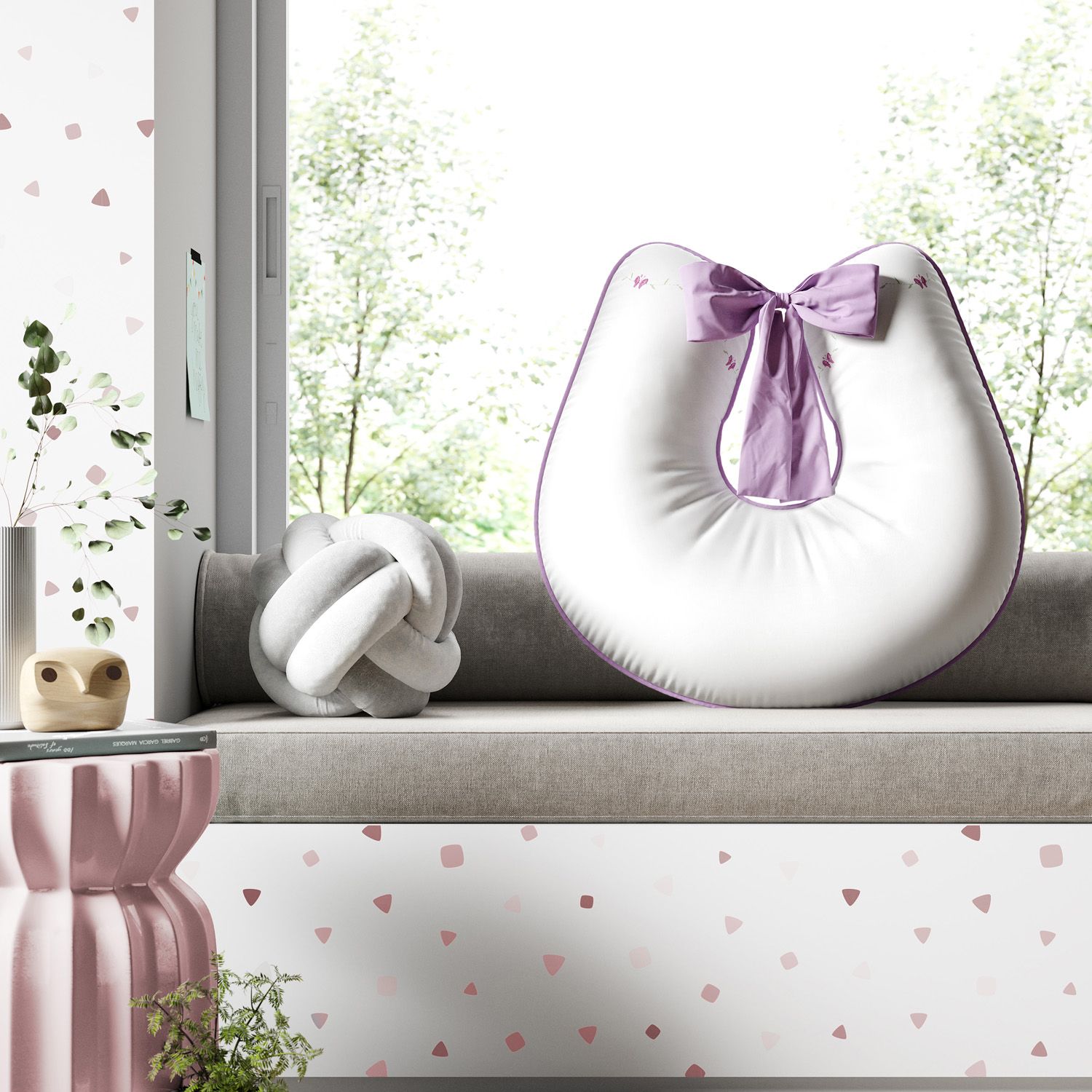 Almofada Amamentação Raminhos e Corações Rosa