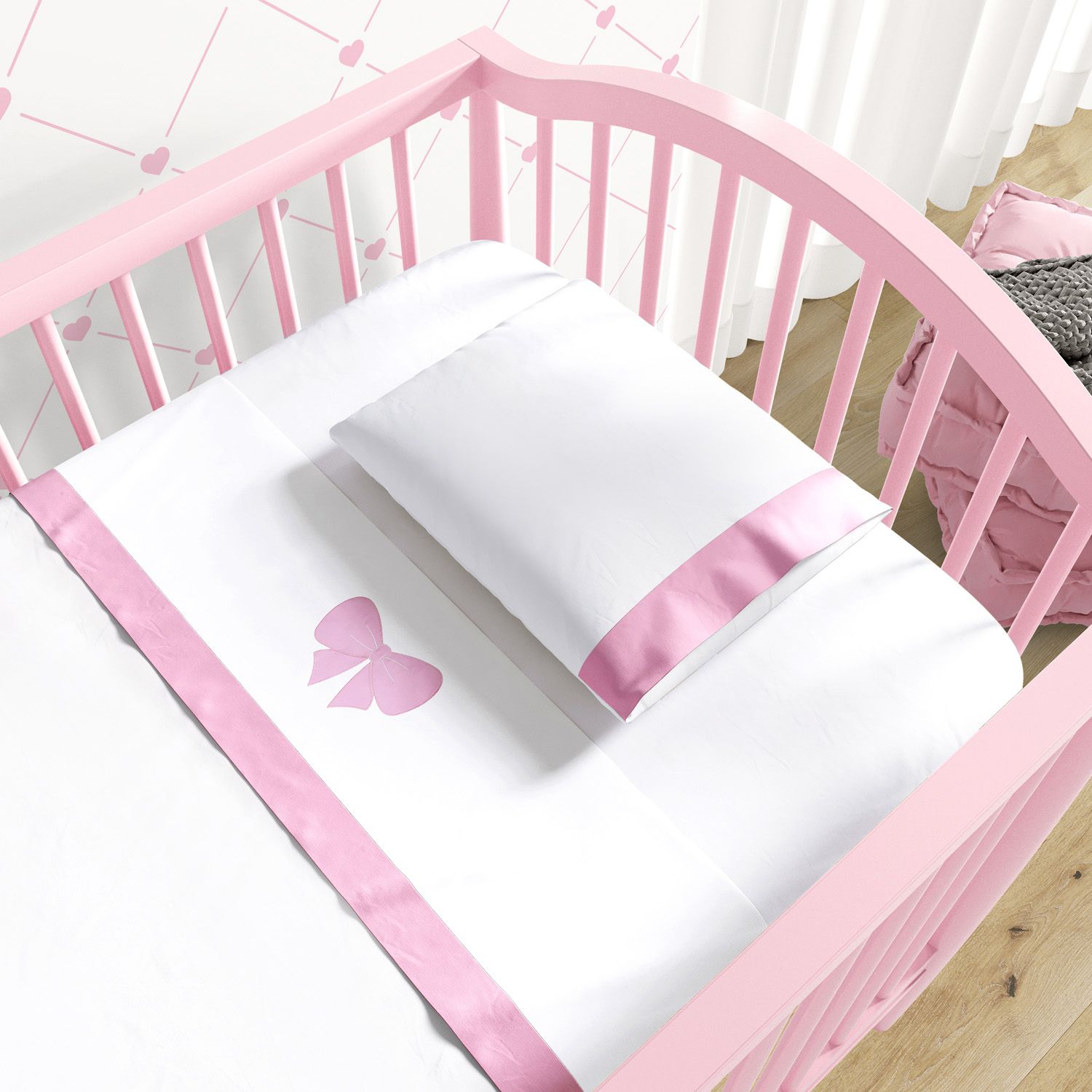 Jogo de Lençol Berço Bordado Lacinho Rosa 3 Peças