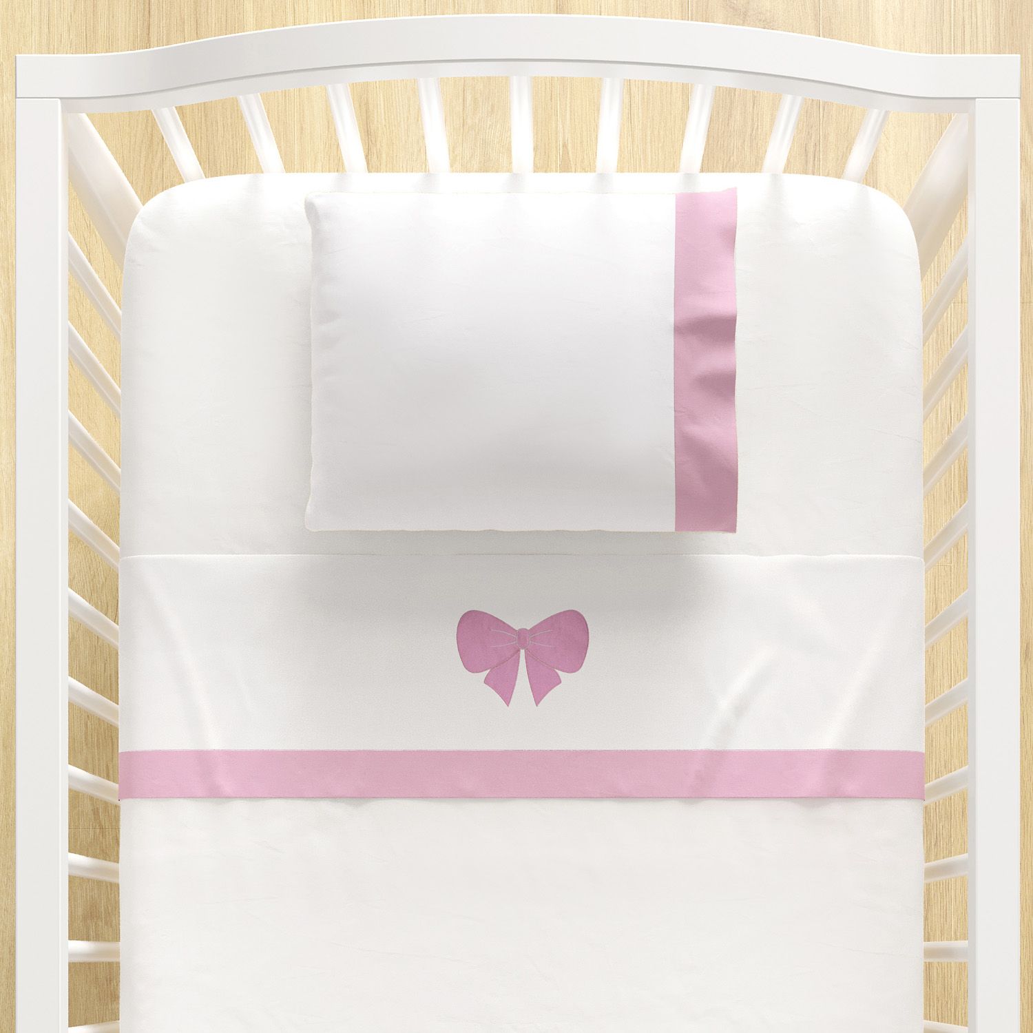 Jogo de Lençol Berço Bordado Lacinho Rosa 3 Peças