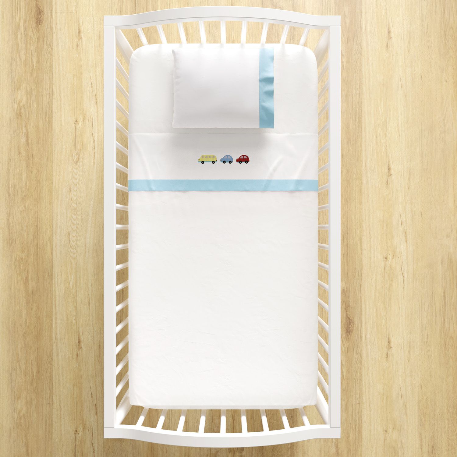 Jogo de Lençol Berço Bordado Carrinhos Azul Bebê 3 Peças