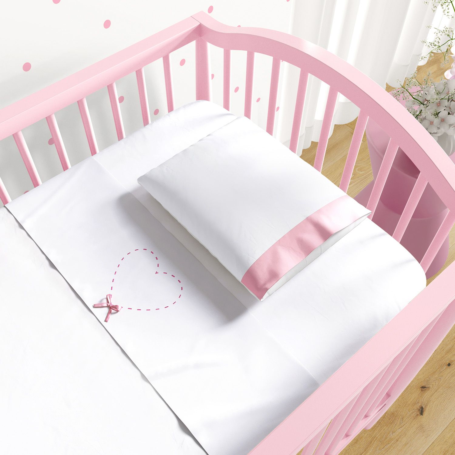 Jogo de Lençol Berço Bordado Coração 3 peças