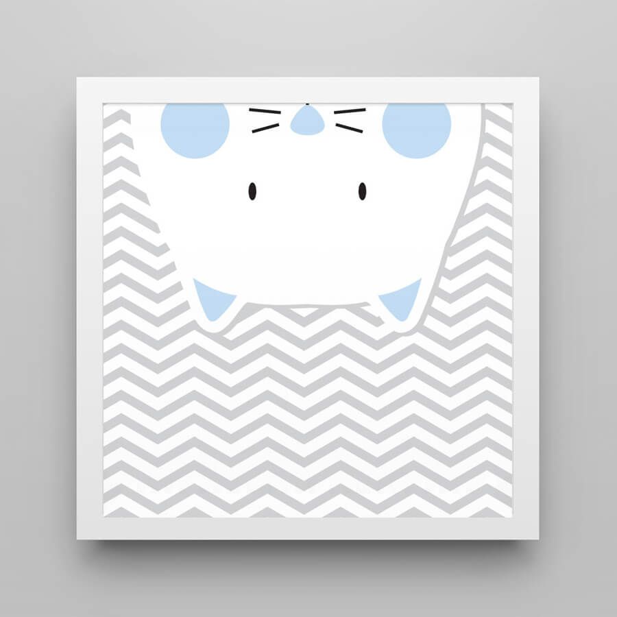 Quadro Amiguinho Gatinho Azul Bebê/Branco 38cm