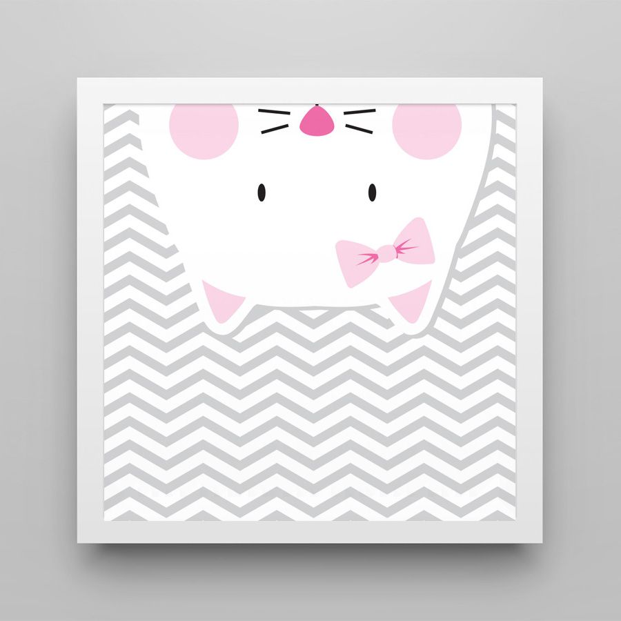 Quadro Amiguinha Gatinha Rosa/Branco 38cm