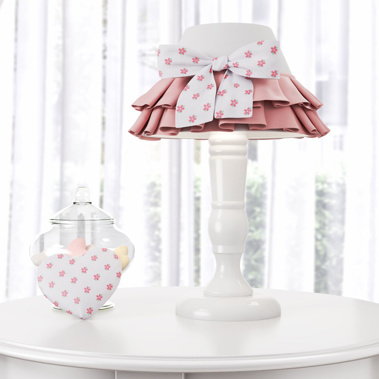 Abajur Madeira Babado e Laço Floral Rosé