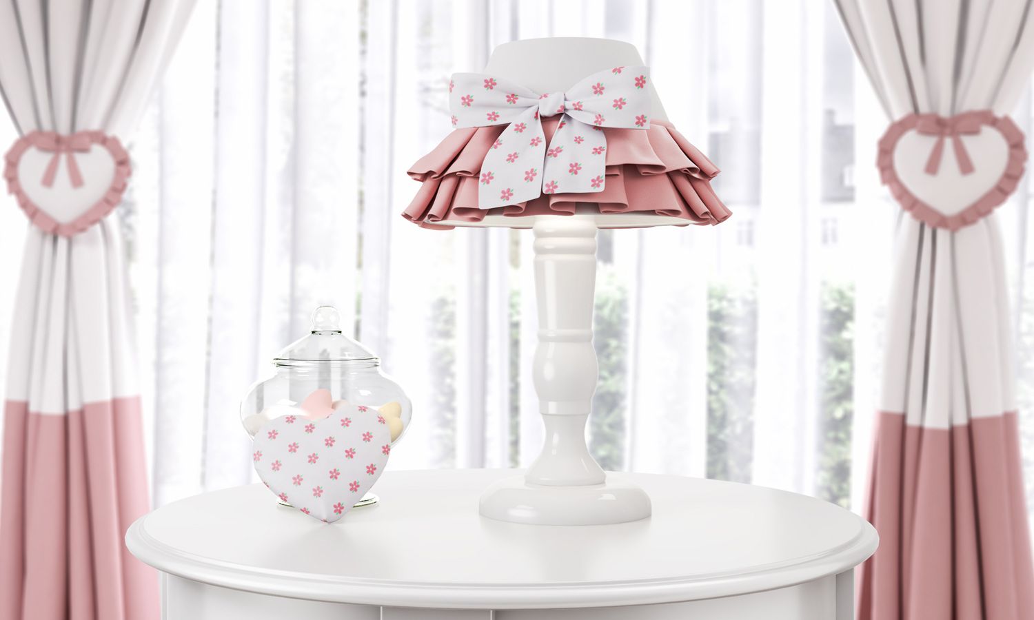 Abajur Madeira Babado e Laço Floral Rosé