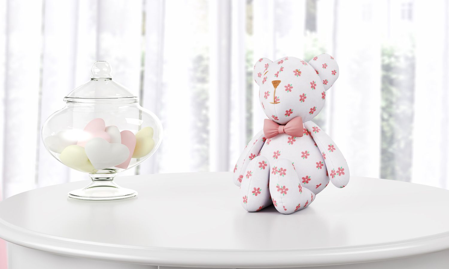 Ursinha Floral com Laço Branco 15cm