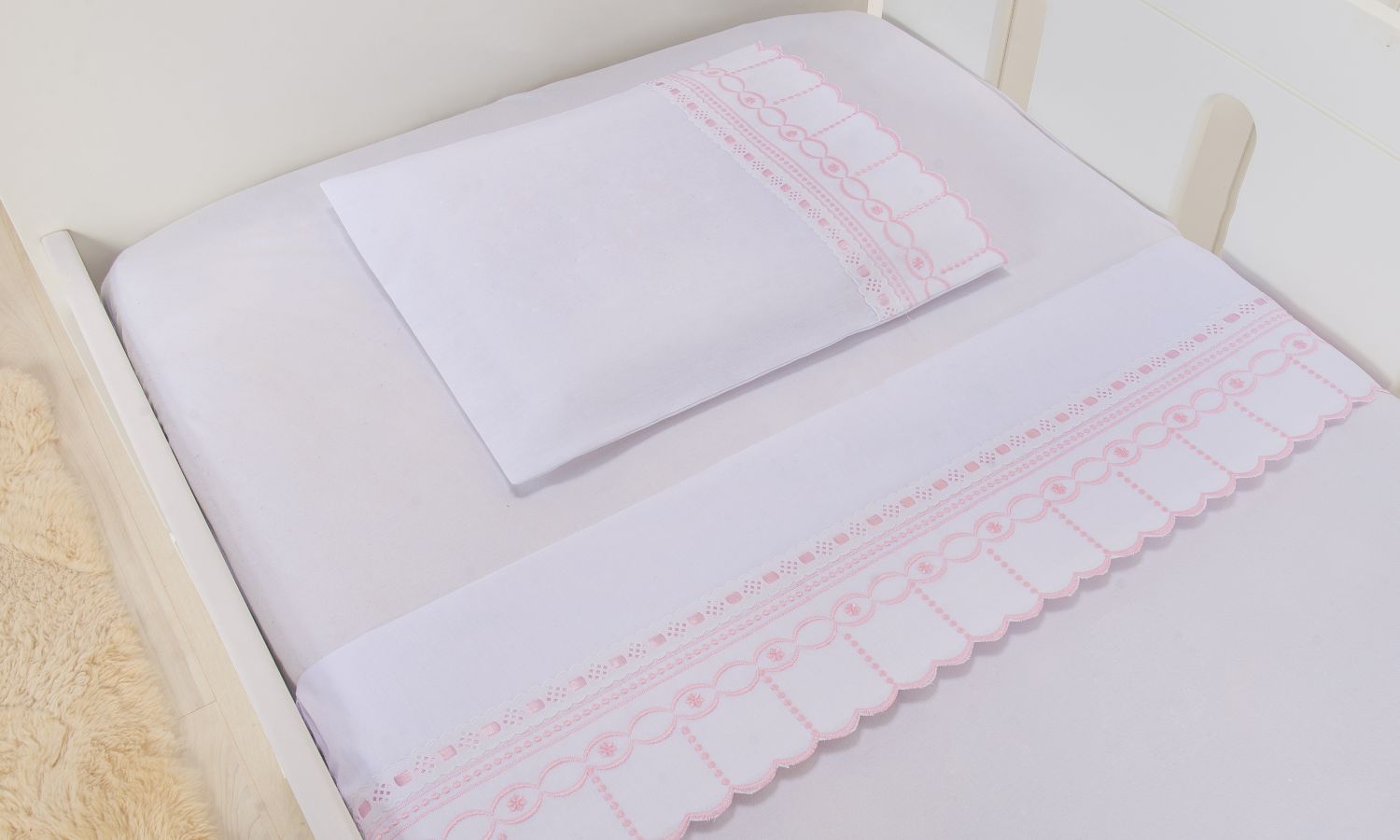 Jogo de Lençol Mini Berço Bico Flor Branco