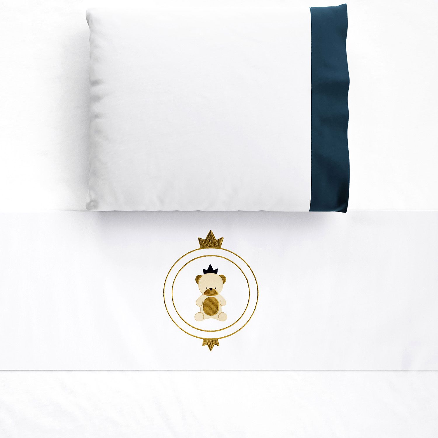 Jogo de Lençol Berço Bordado Urso Teddy Realeza Azul Marinho 3 peças