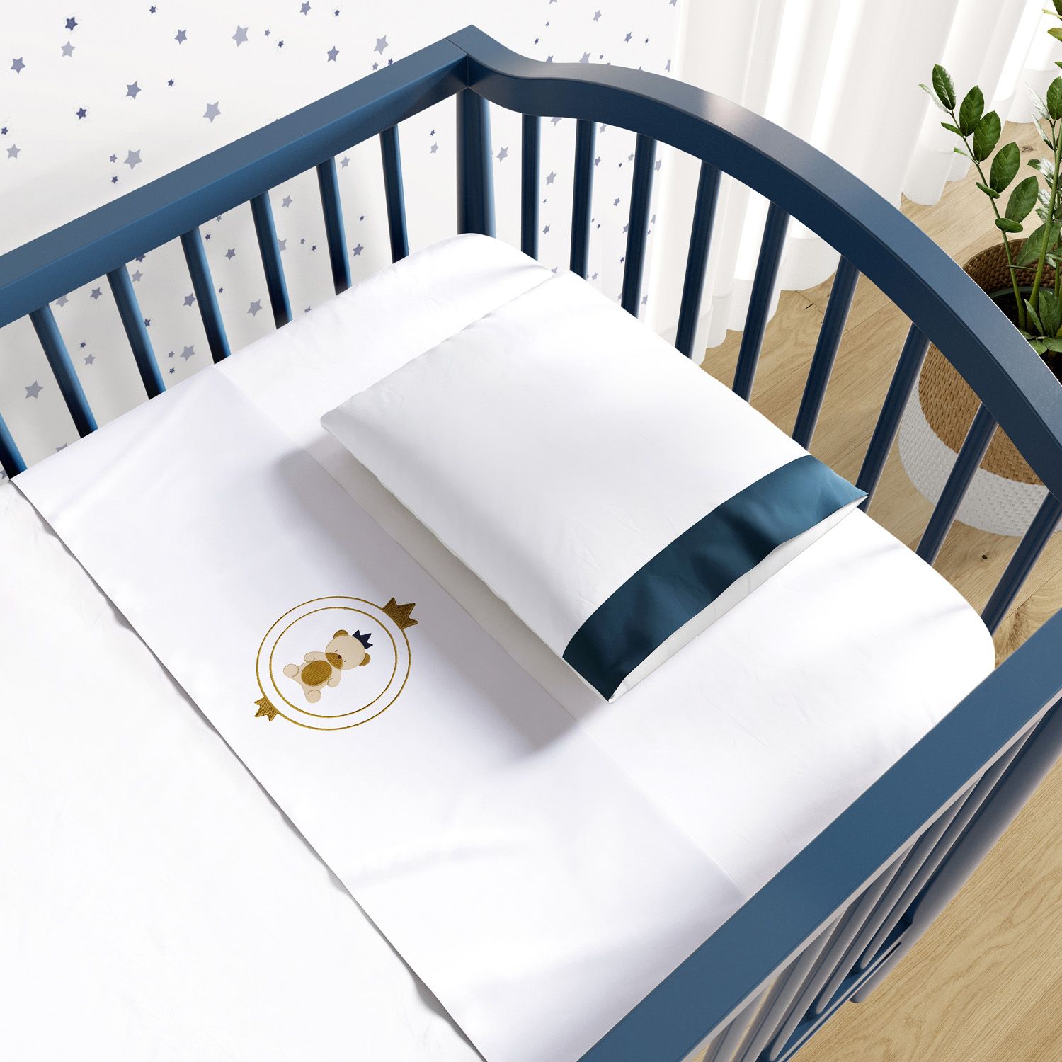 Jogo de Lençol Berço Bordado Urso Teddy Realeza Azul Marinho 3 peças