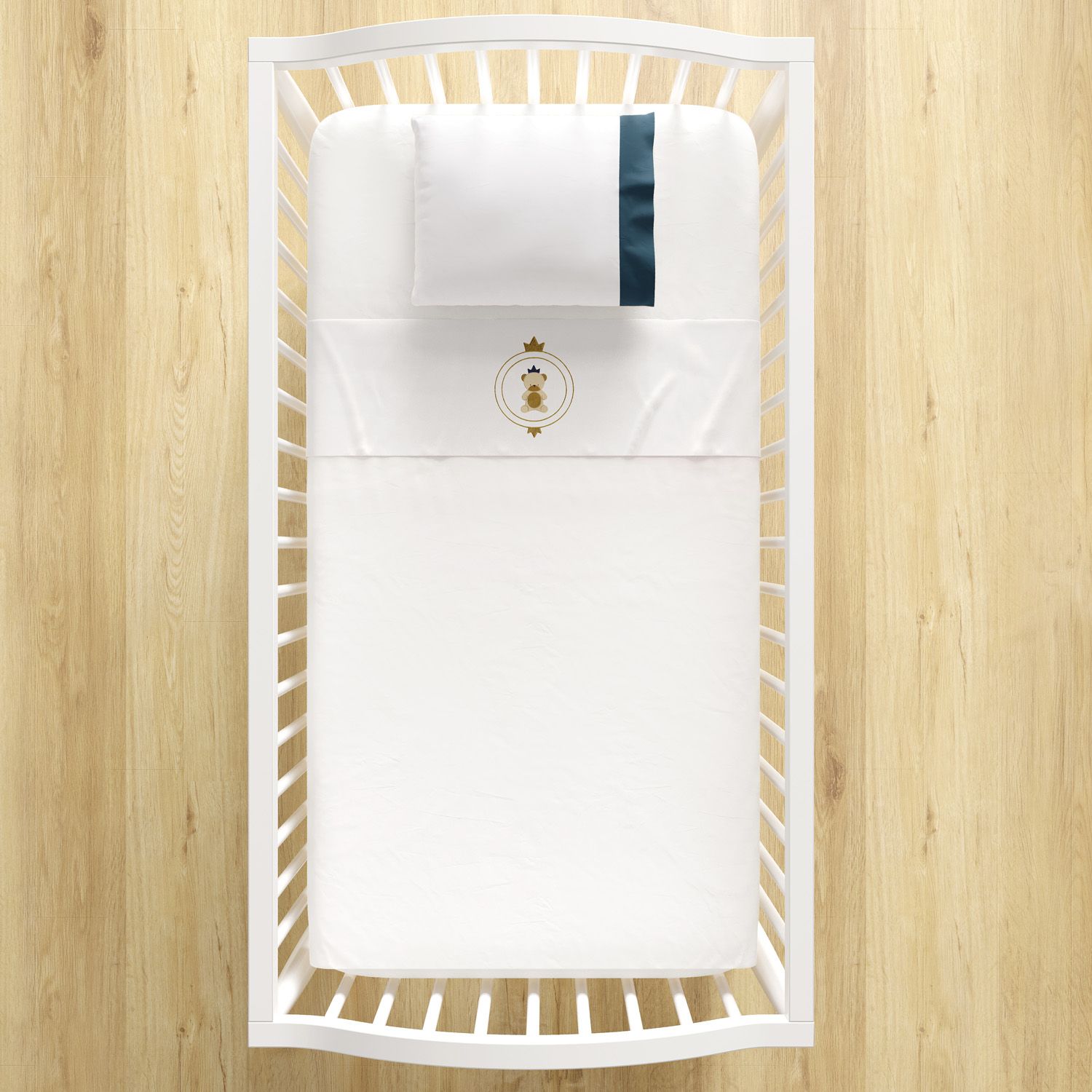 Jogo de Lençol Berço Bordado Urso Teddy Realeza Azul Marinho 3 peças