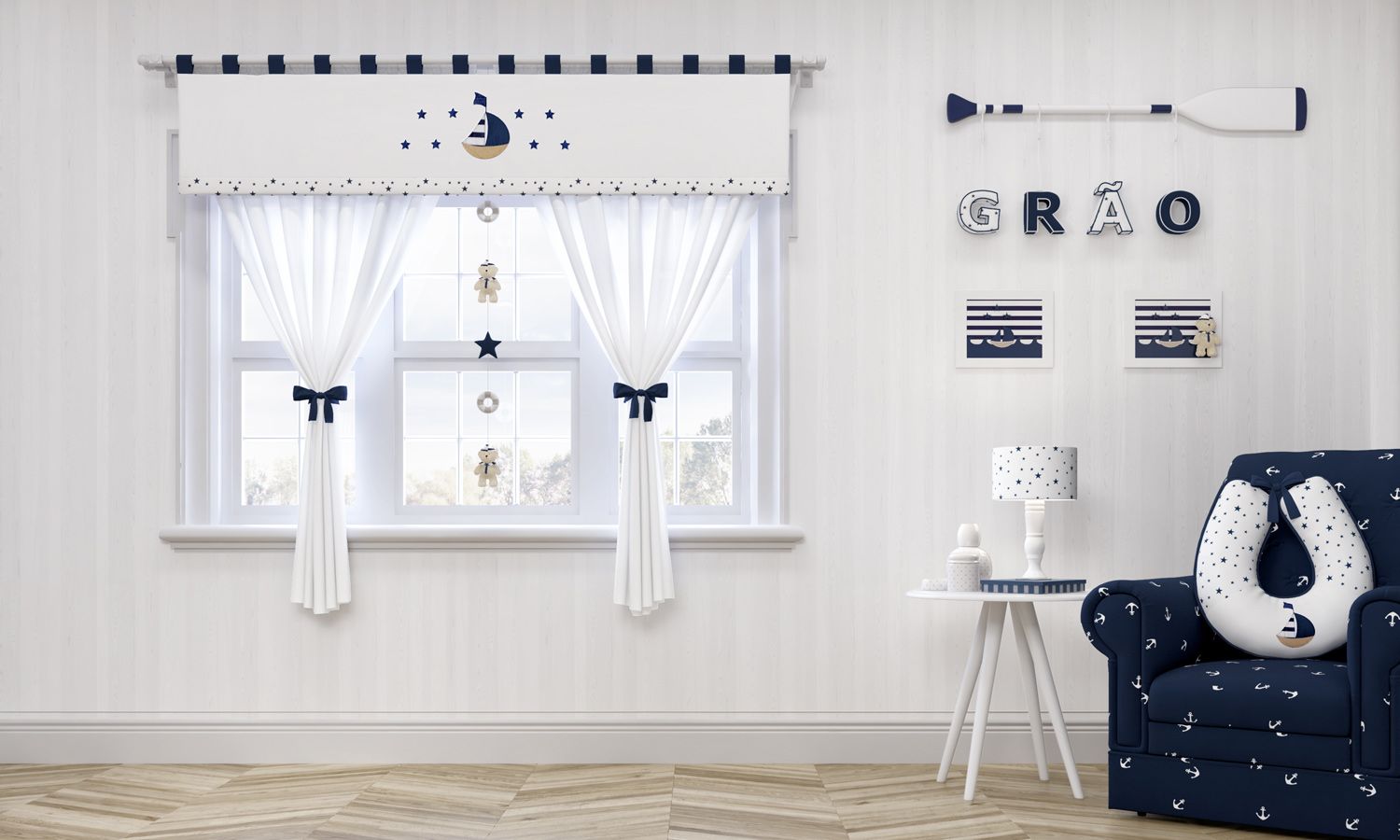 Cortina Urso Marinheiro Azul 1,50m